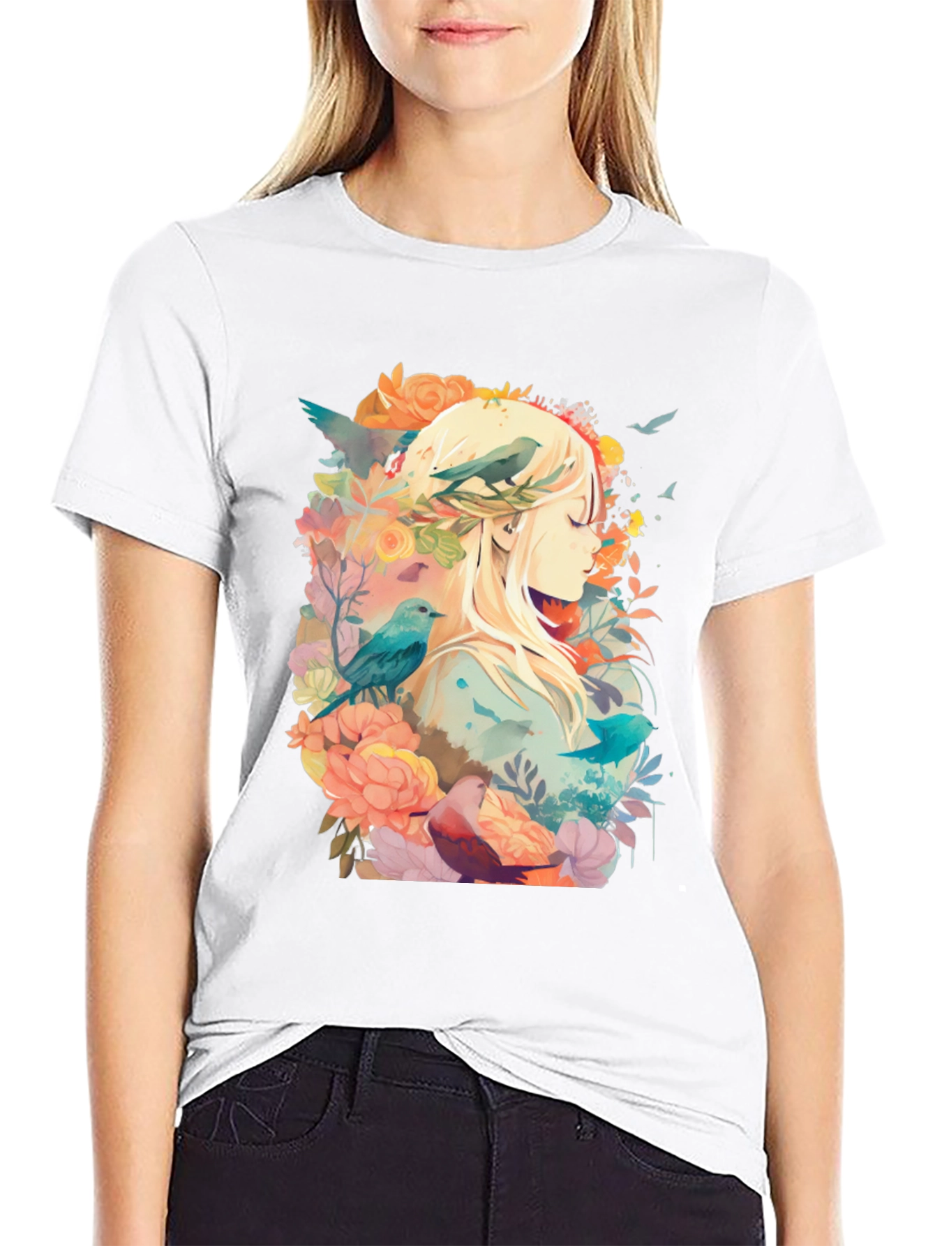 Black Nature's Embrace Tee - Floral Bird Design view 9