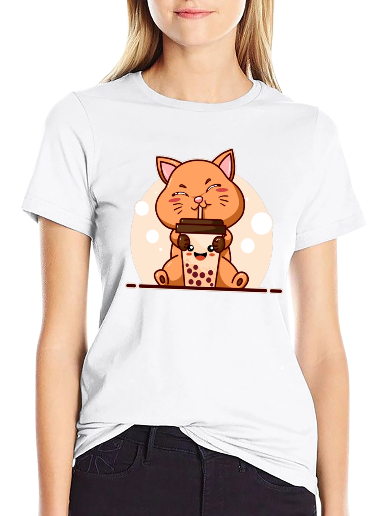 Black Cute Cat Boba Tea Graphic T-Shirt - Unisex view 9