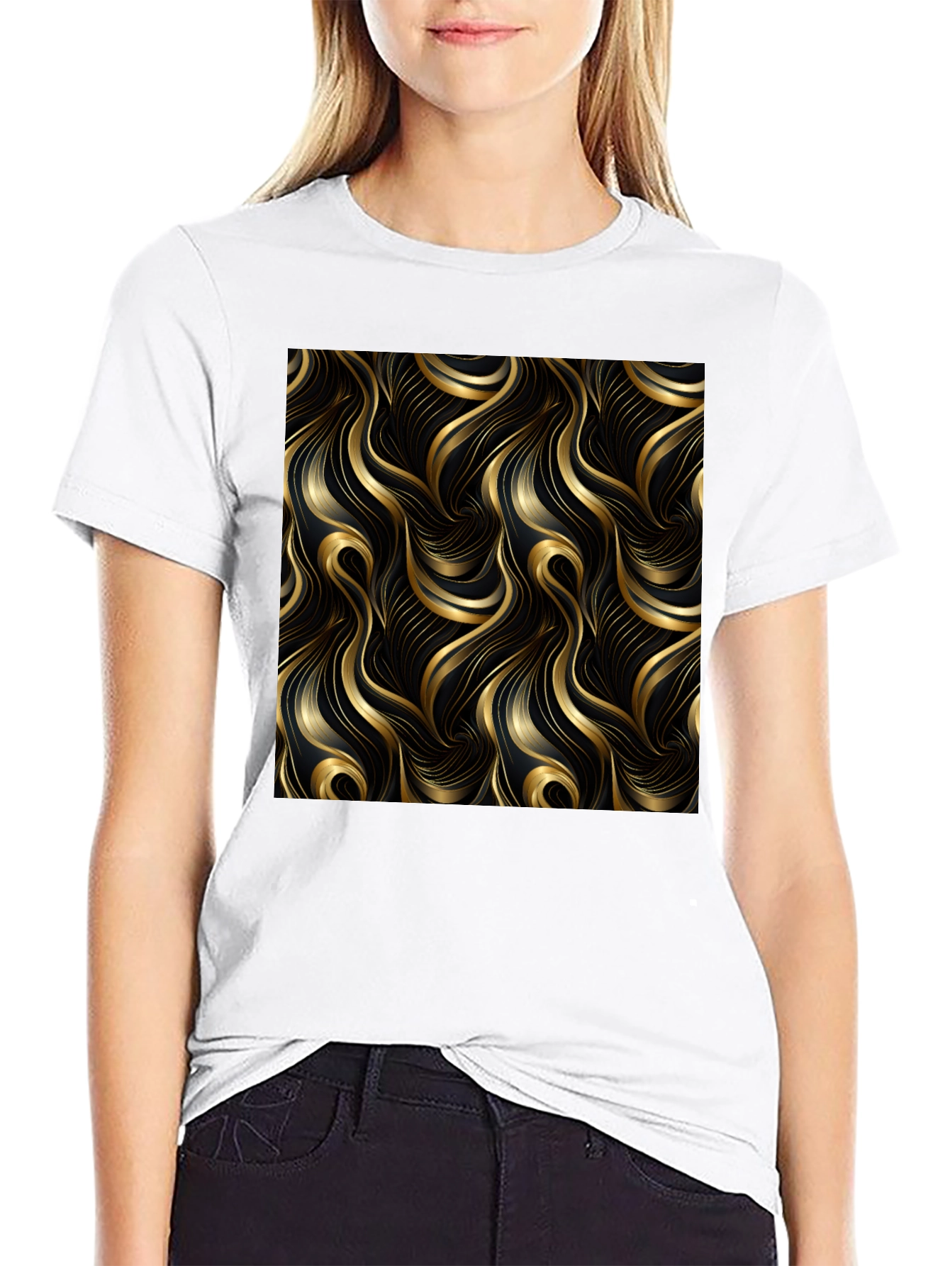 Elegant Black T-Shirt with Gold Wave Design - 9