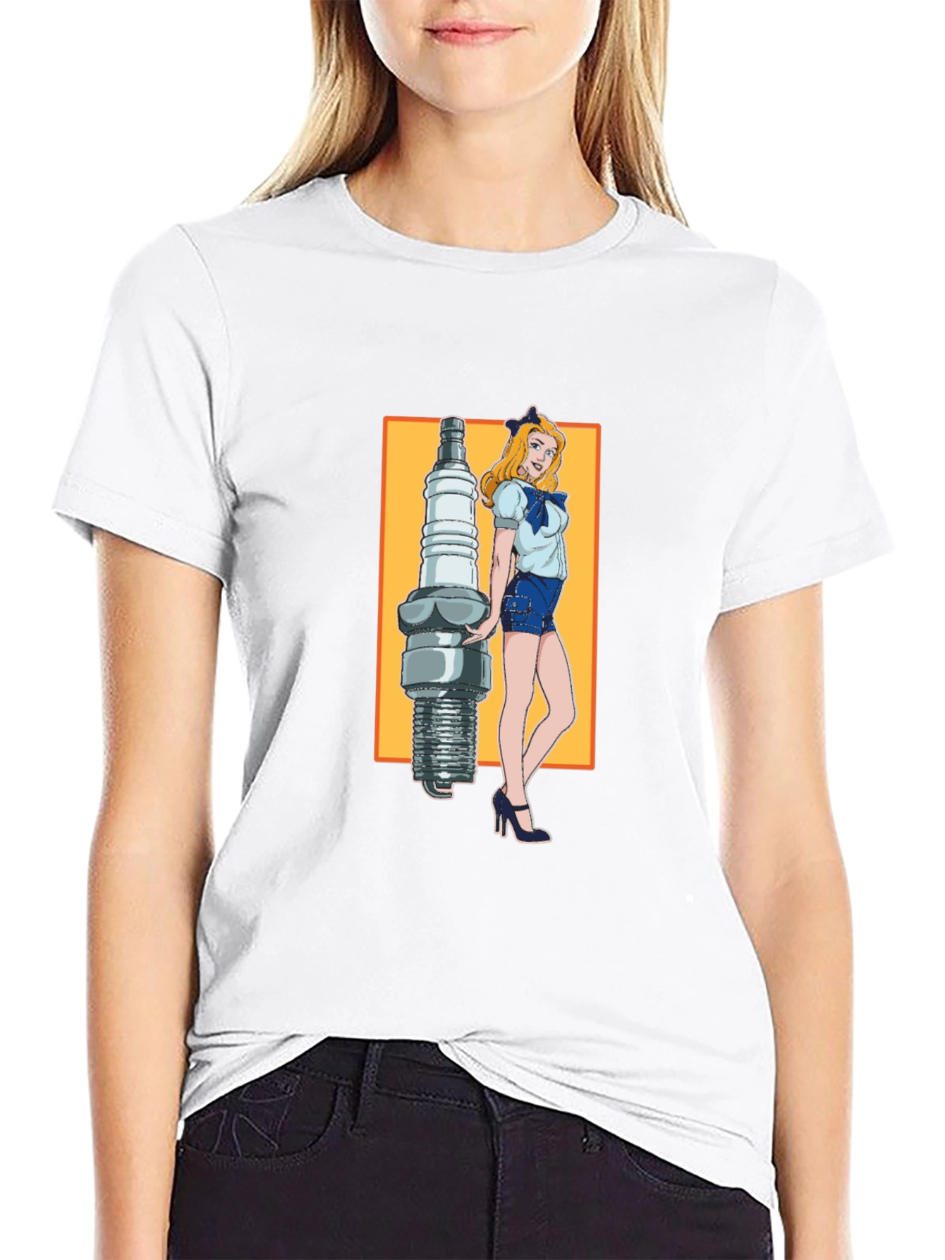 Black Cartoon Spark Plug Girl Black T-Shirt view 9