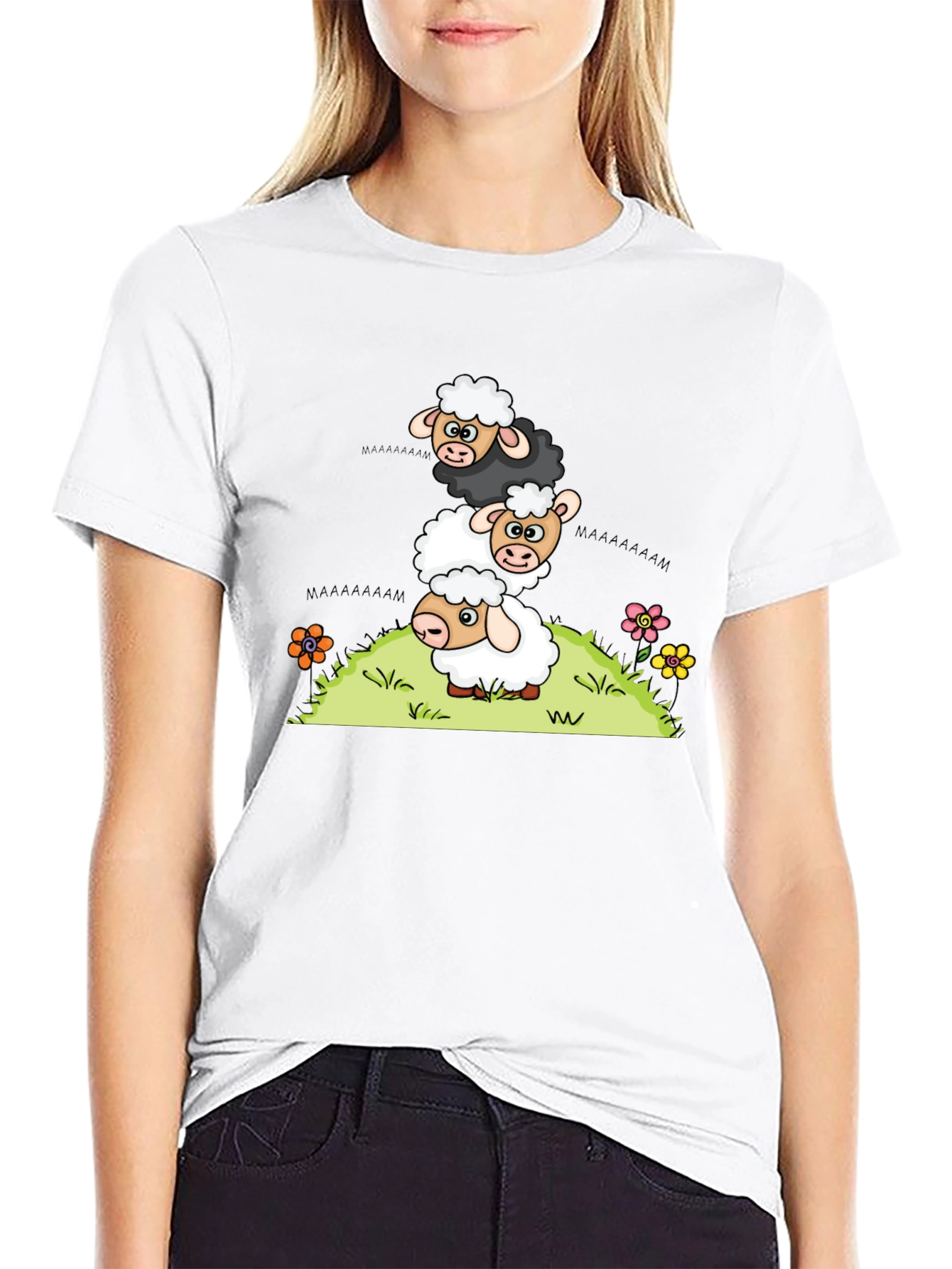 Black Stacked Sheep Cartoon T-Shirt view 9