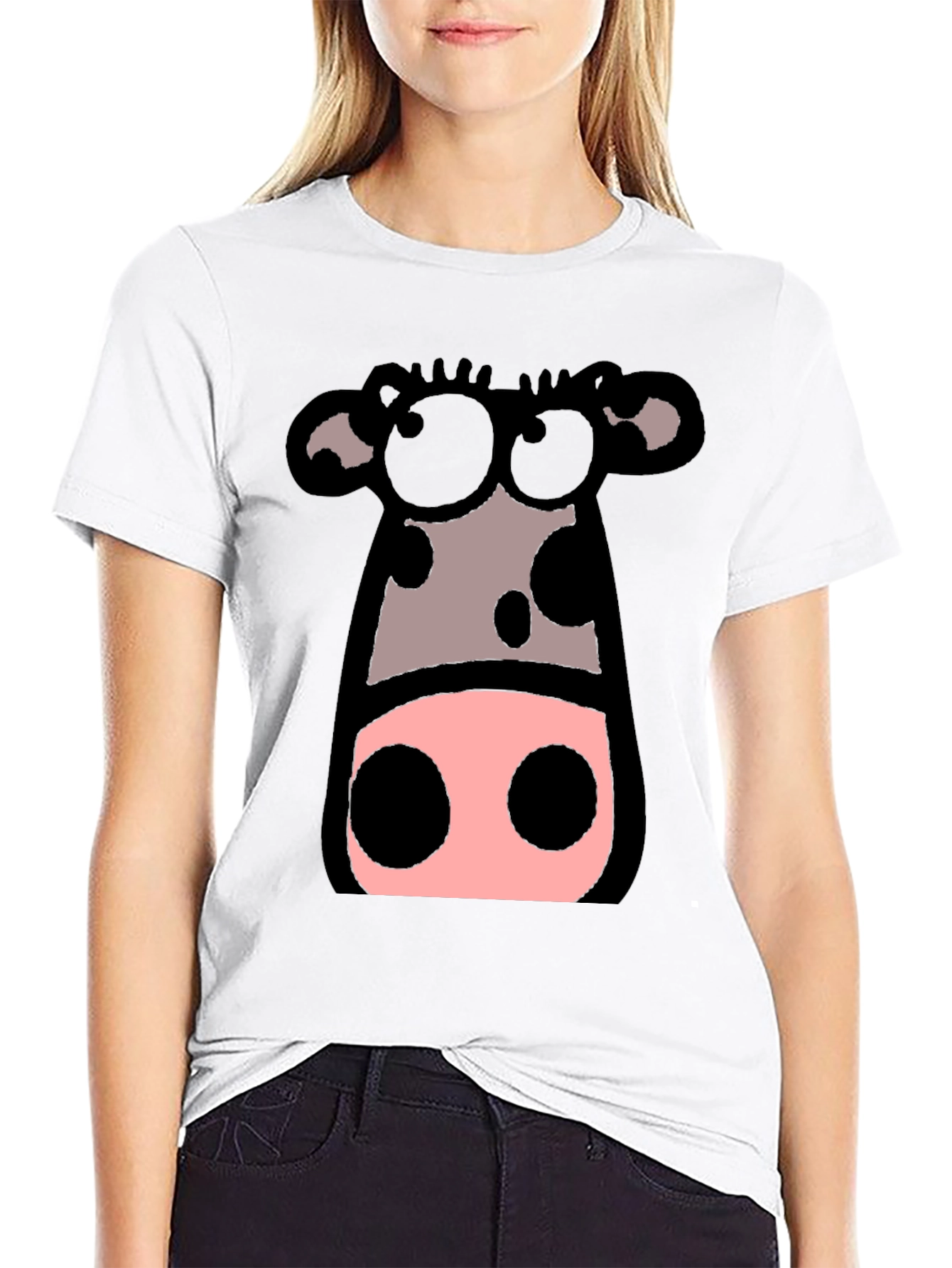 Black Cartoon Cow Graphic Tee - Black Crew Neck T-Shirt view 9