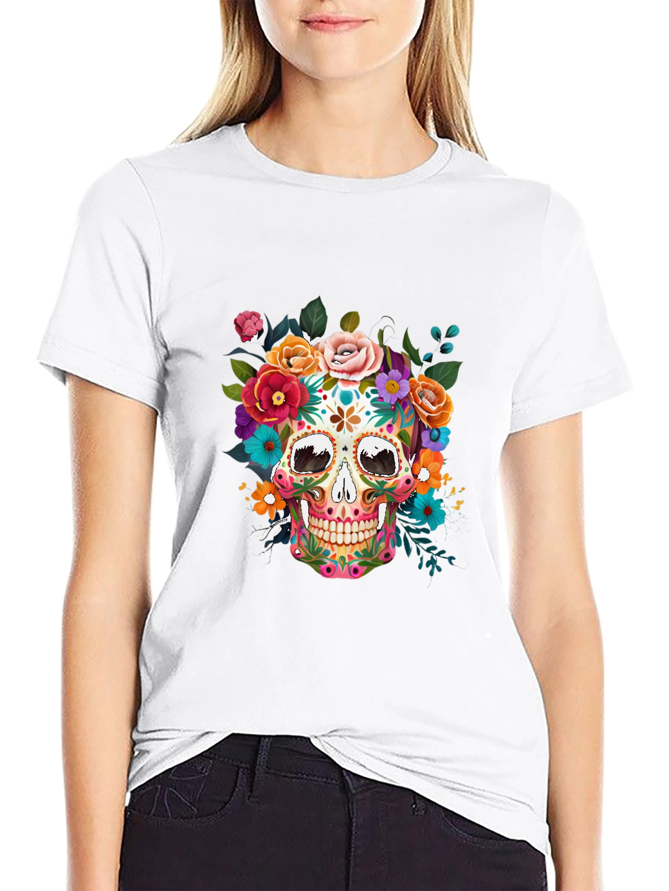 Black Floral Sugar Skull Graphic Tee - Dia de los Muertos view 9