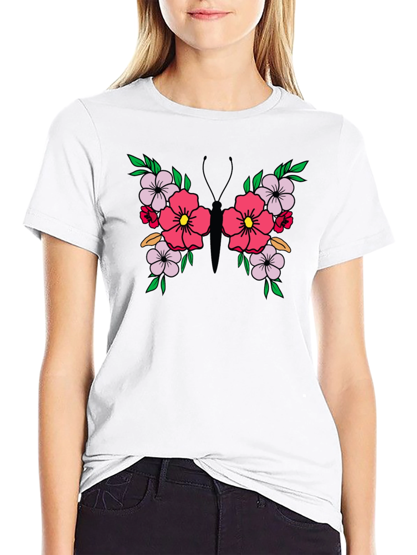 Black Floral Butterfly Graphic Tee - Black Unisex T-Shirt view 9