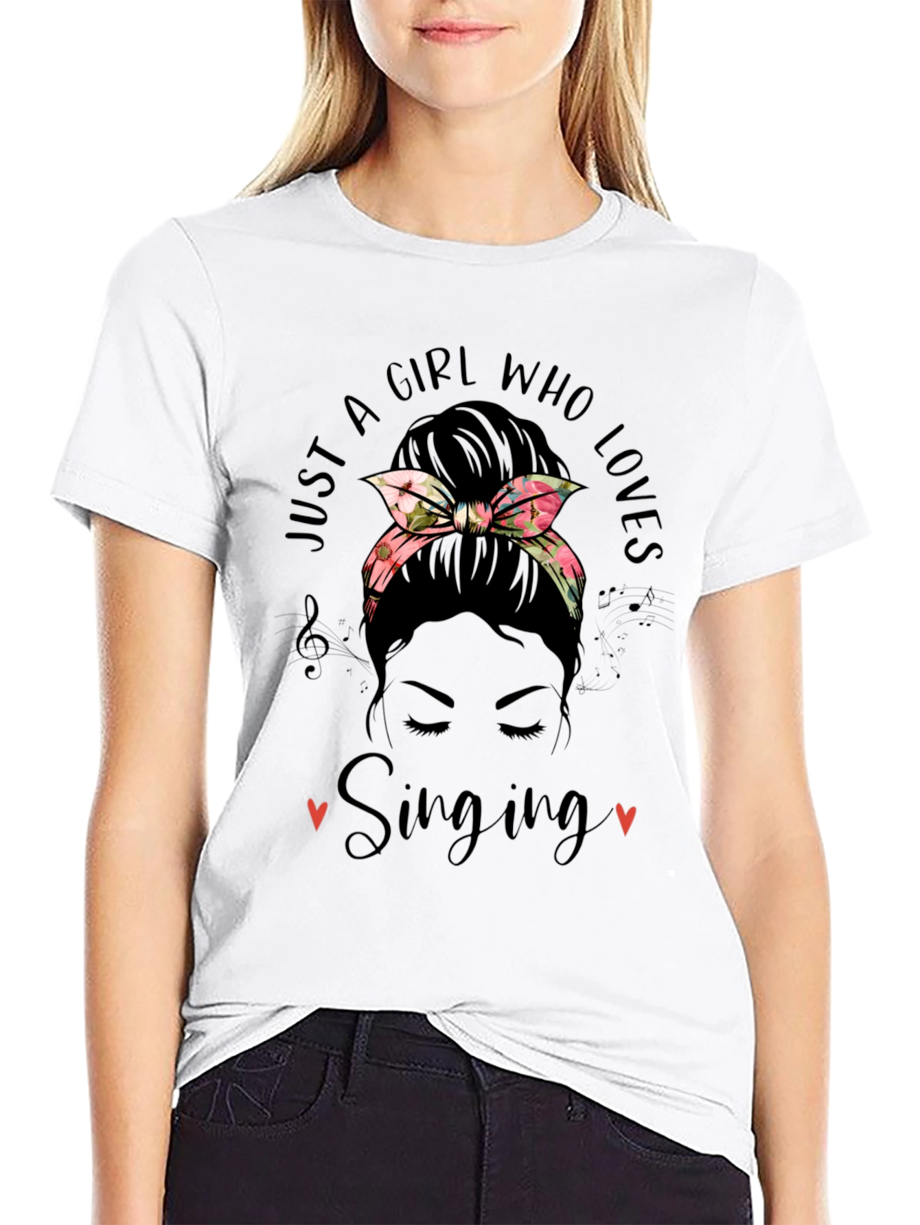 Black Just A Girl Who Loves Singing Messy Bun T-Shirt view 9