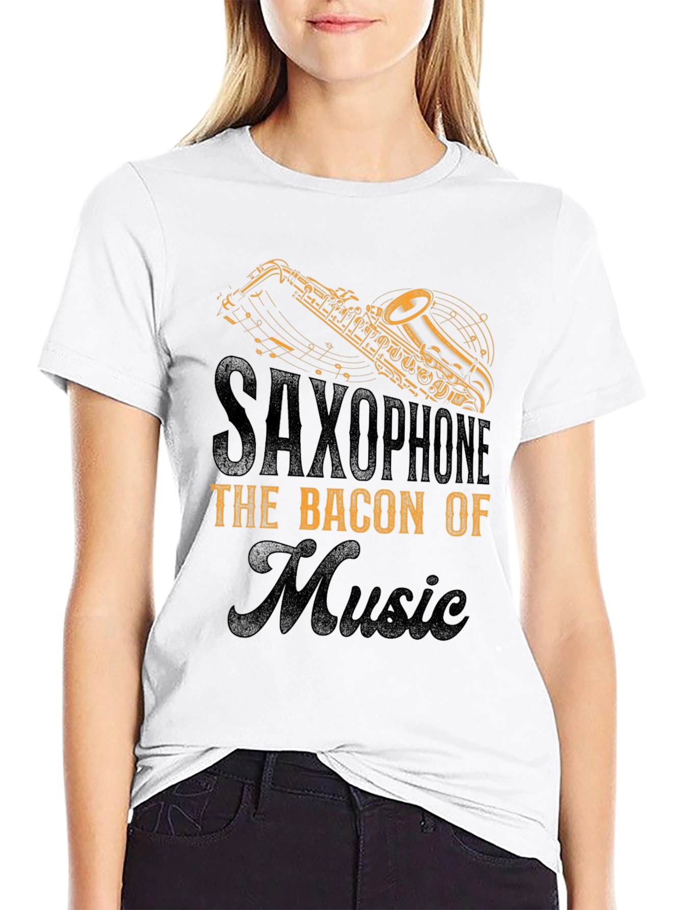 Black Saxophone Bacon of Music T-Shirt view 9