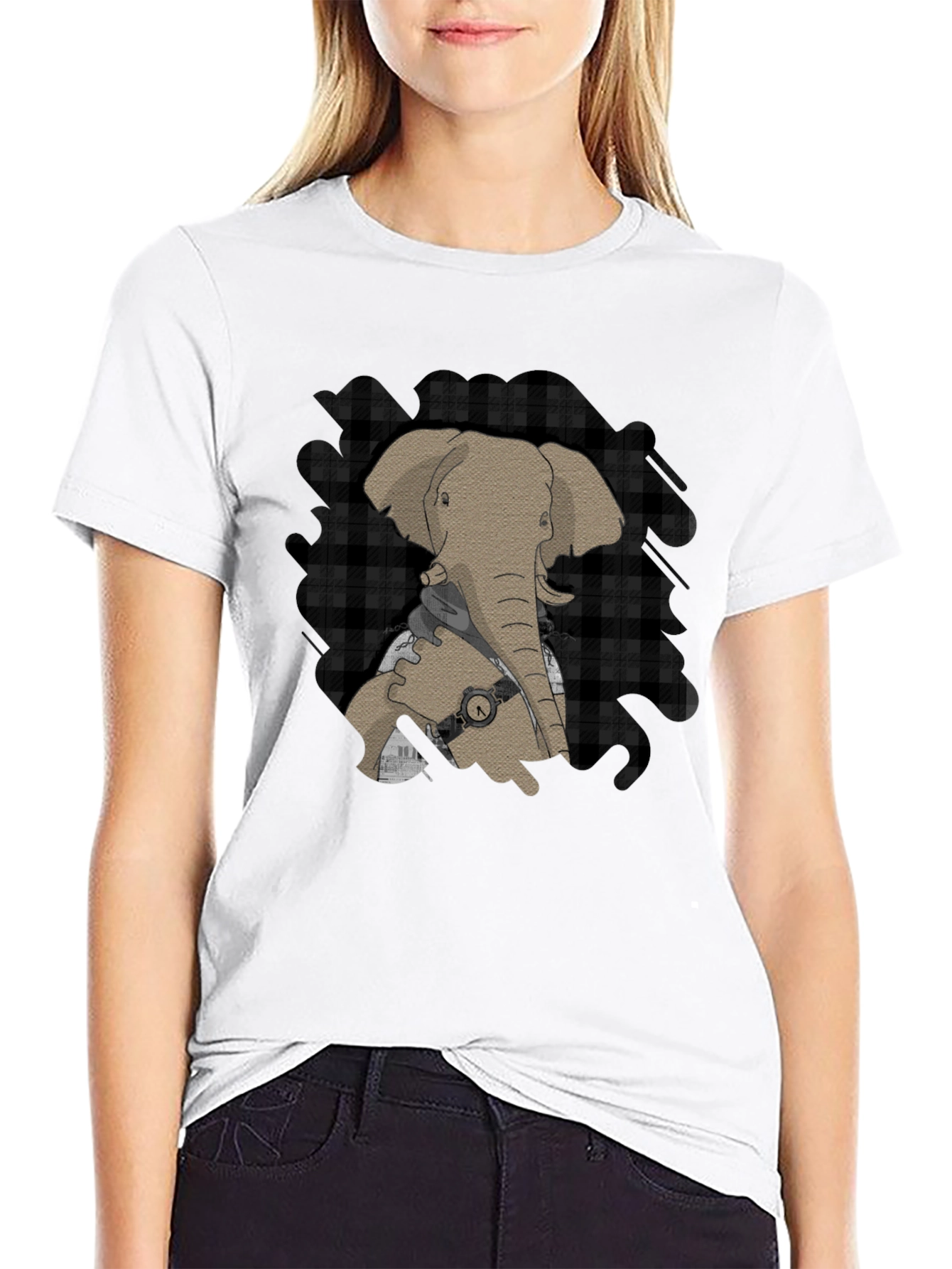 Black Elephant Graphic Tee - Stylish Plaid Accent view 9