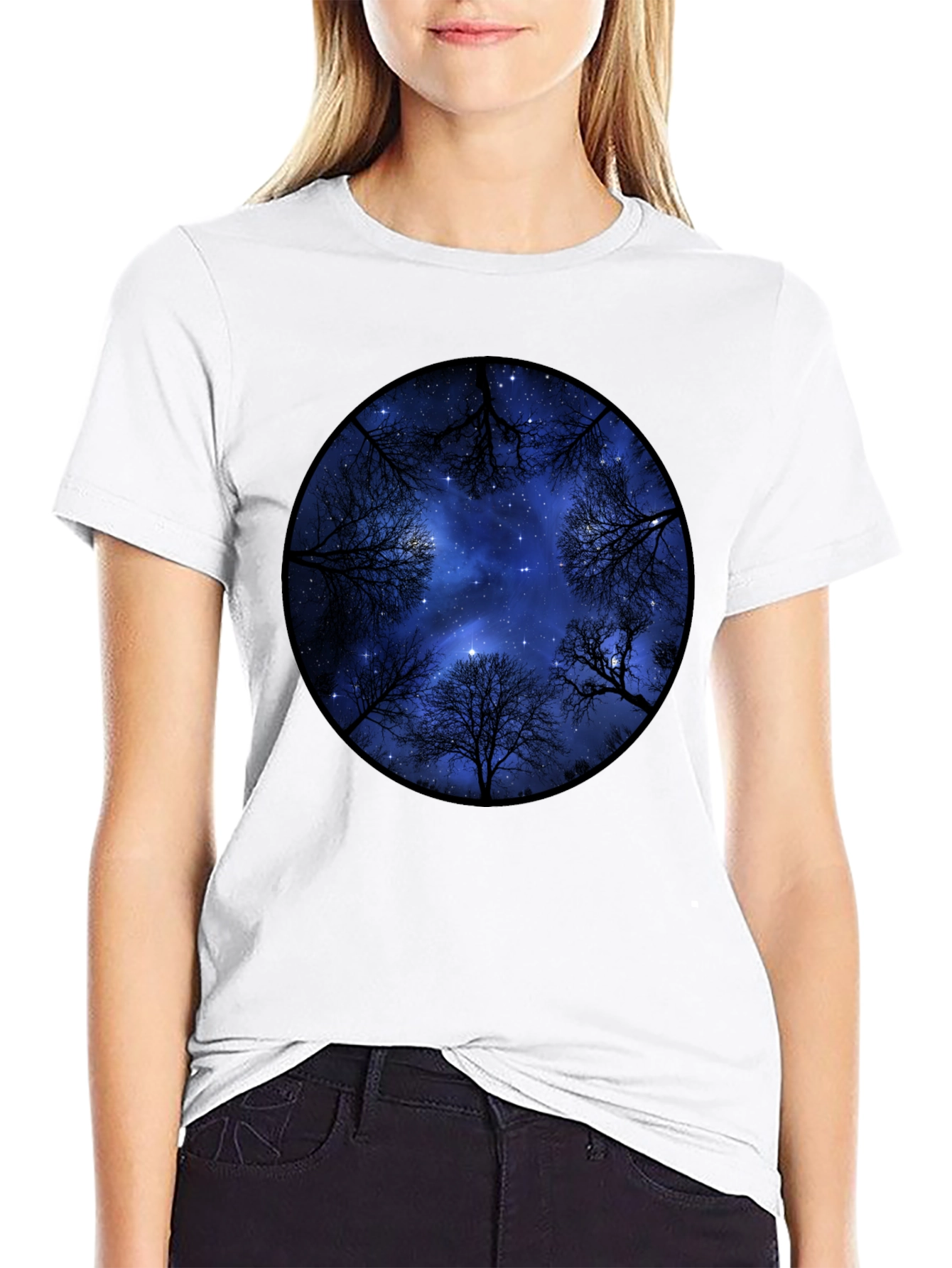Black Starry Sky Trees Graphic Tee - Black Cotton Blend view 9