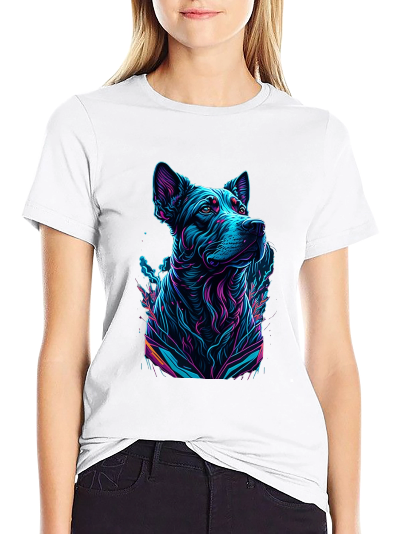 Black Neon Dog Graphic Black T-Shirt view 9