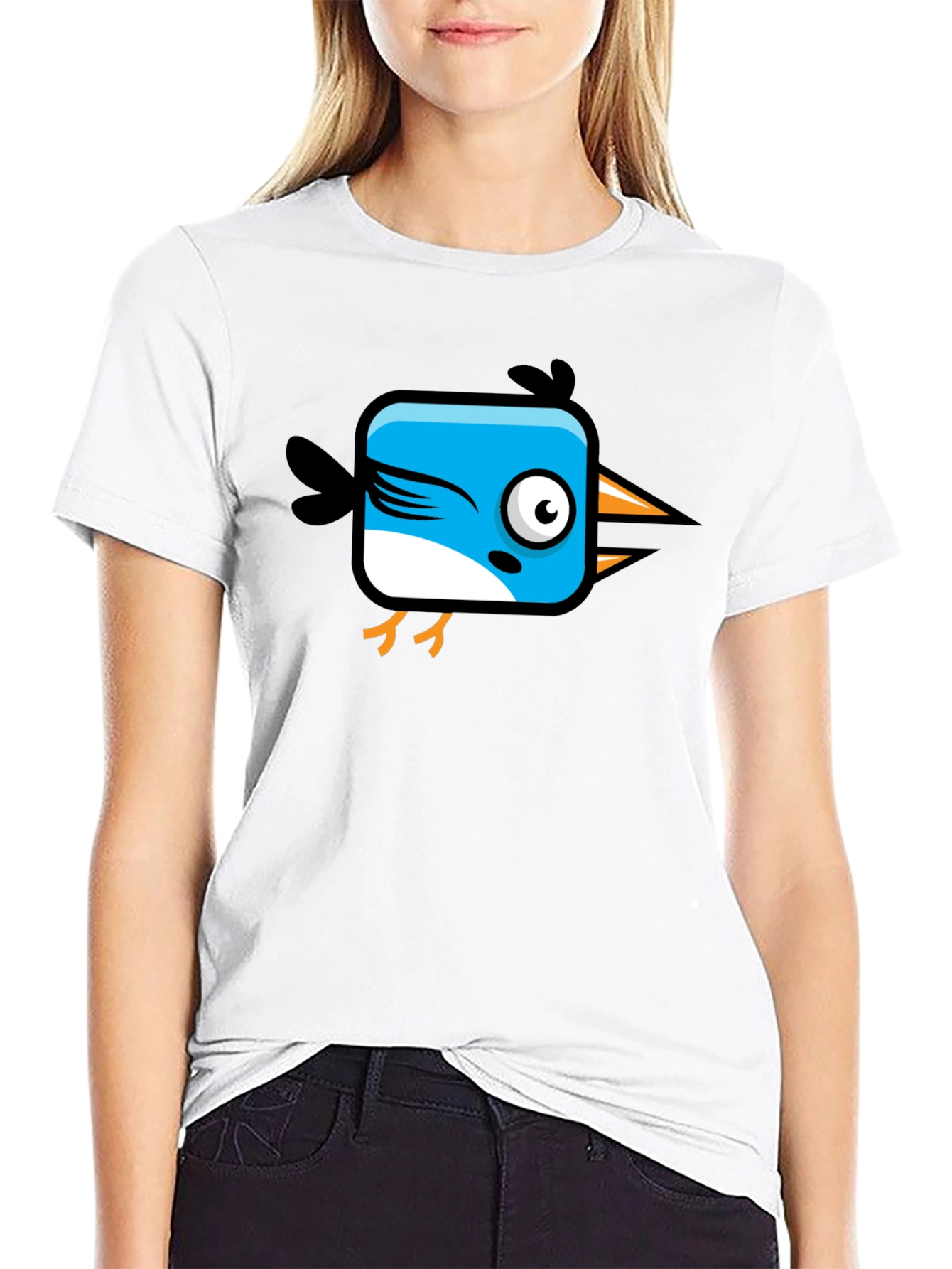 Black Funny Cartoon Bird Graphic Black T-Shirt view 9