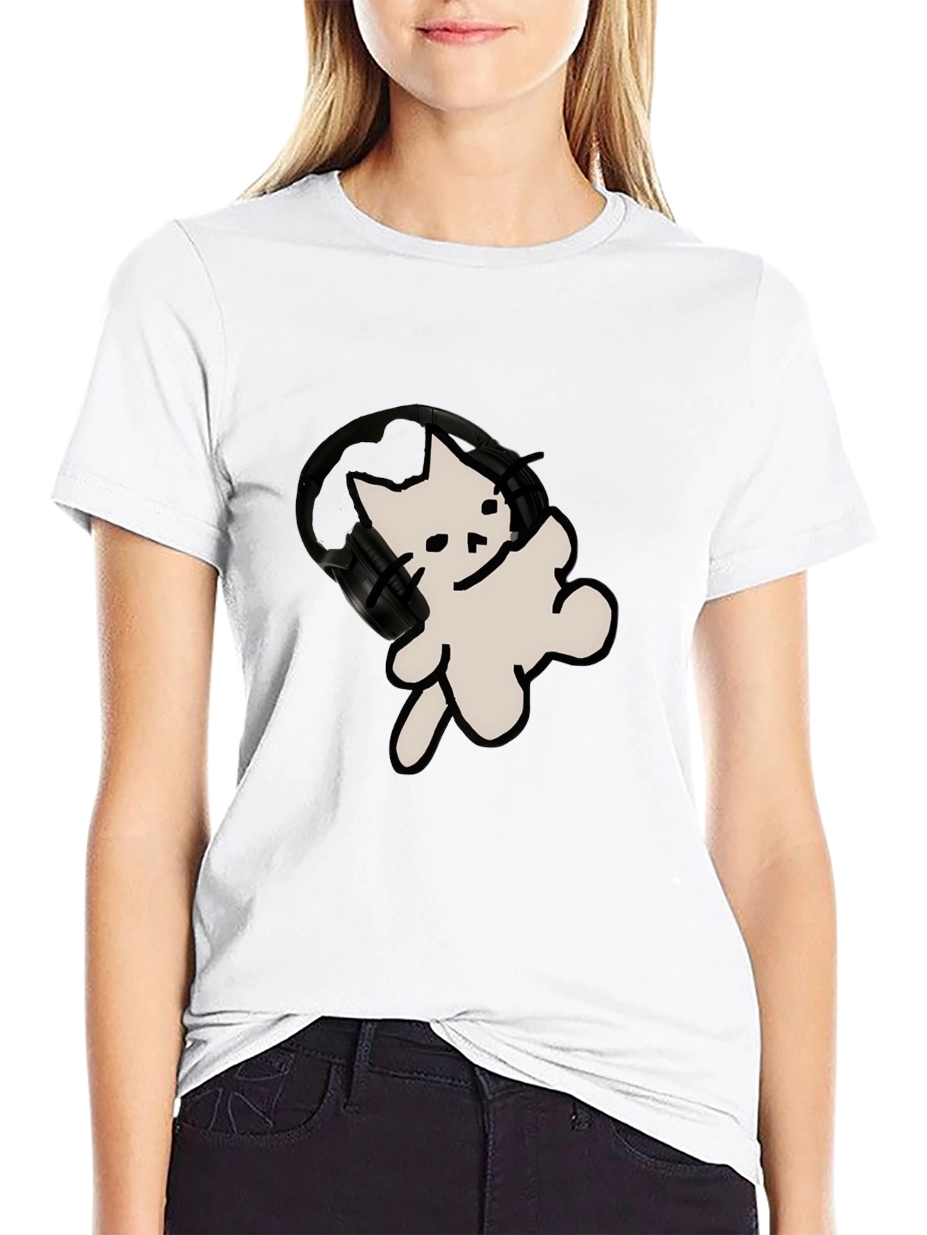 Black Cool Cat T-Shirt with Headphones view 9
