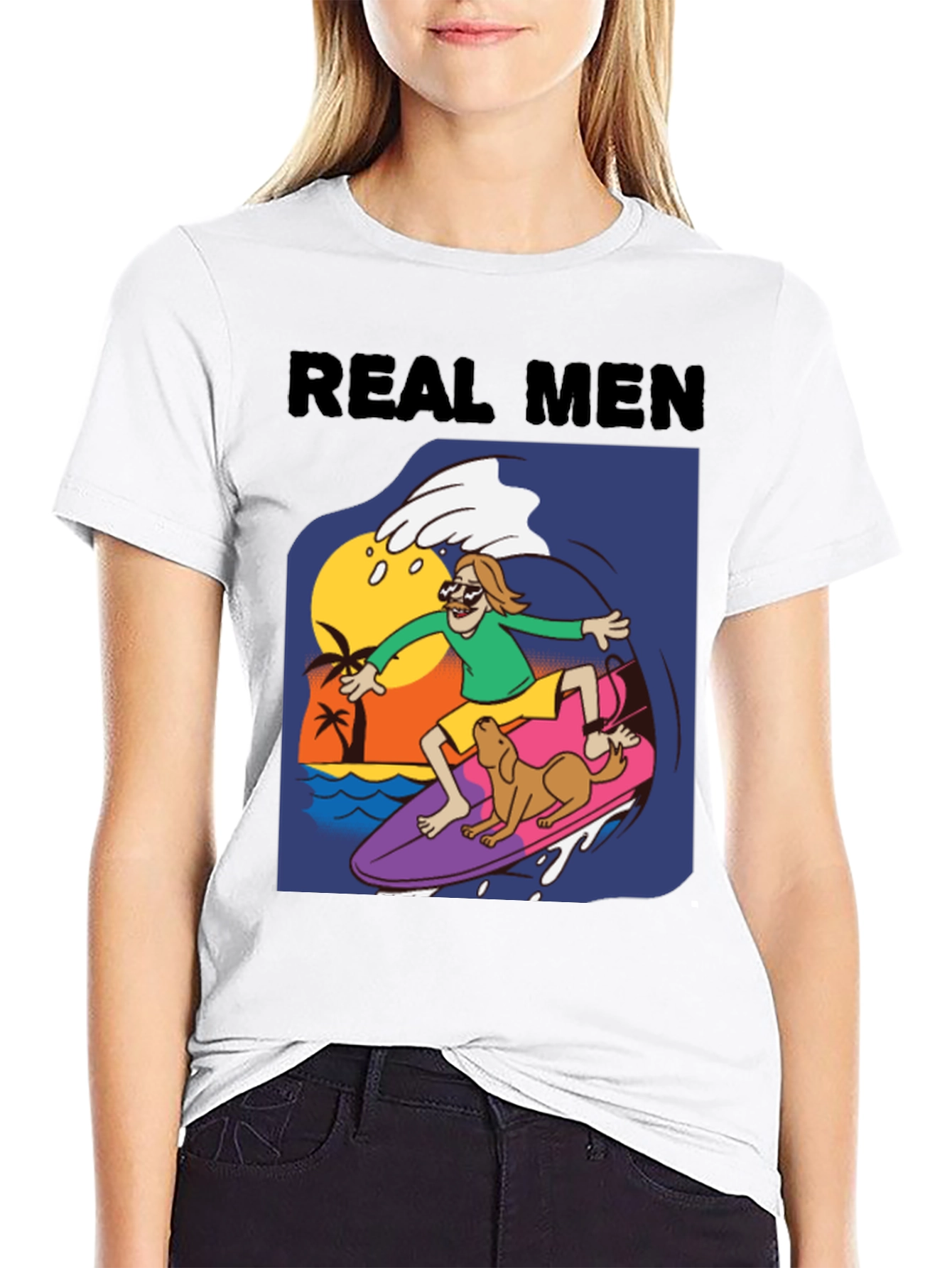 Black Real Men Surf Tee - Novelty Cartoon Graphic T-Shirt view 9