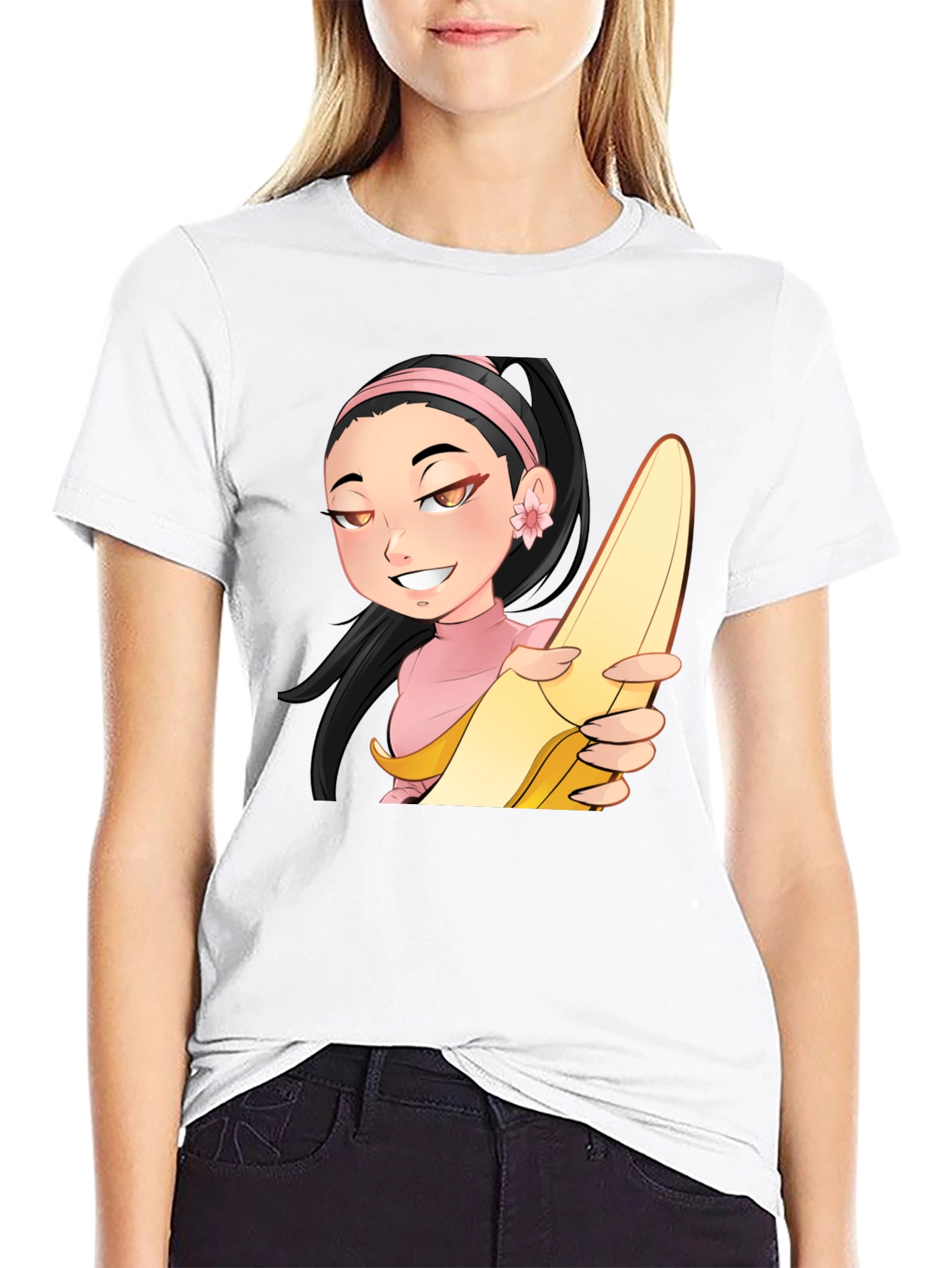 Black Anime Girl with Banana Black T-Shirt view 9