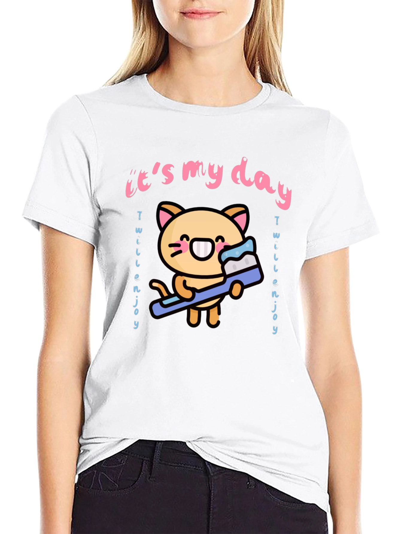 Black Cute Cartoon Cat & Toothbrush Graphic Tee view 9
