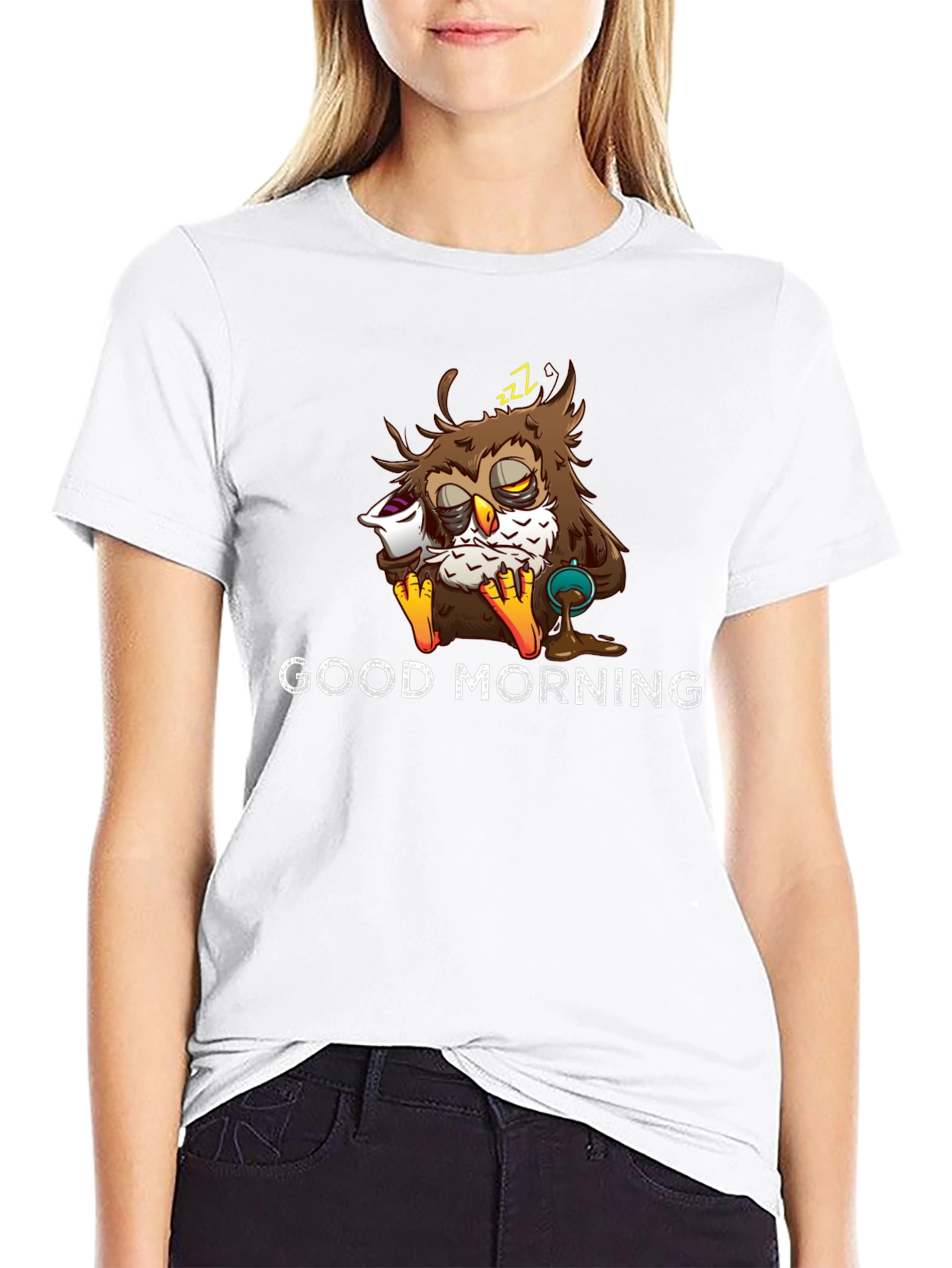 Black Good Morning Owl Graphic T-Shirt - Funny Sleepy Owl view 9