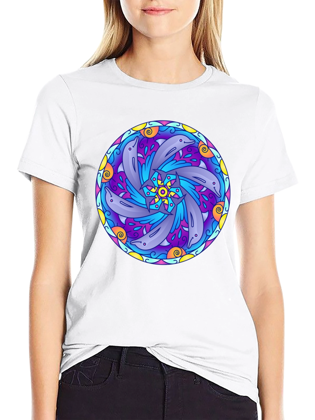Black Dolphin Mandala Graphic Tee - Black Cotton T-Shirt view 9