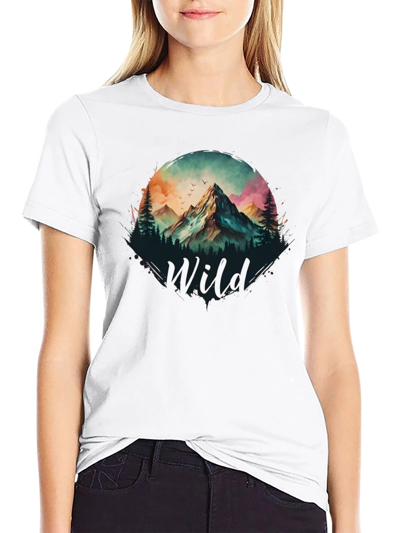 Black Wild Mountain Scene Graphic T-Shirt view 9