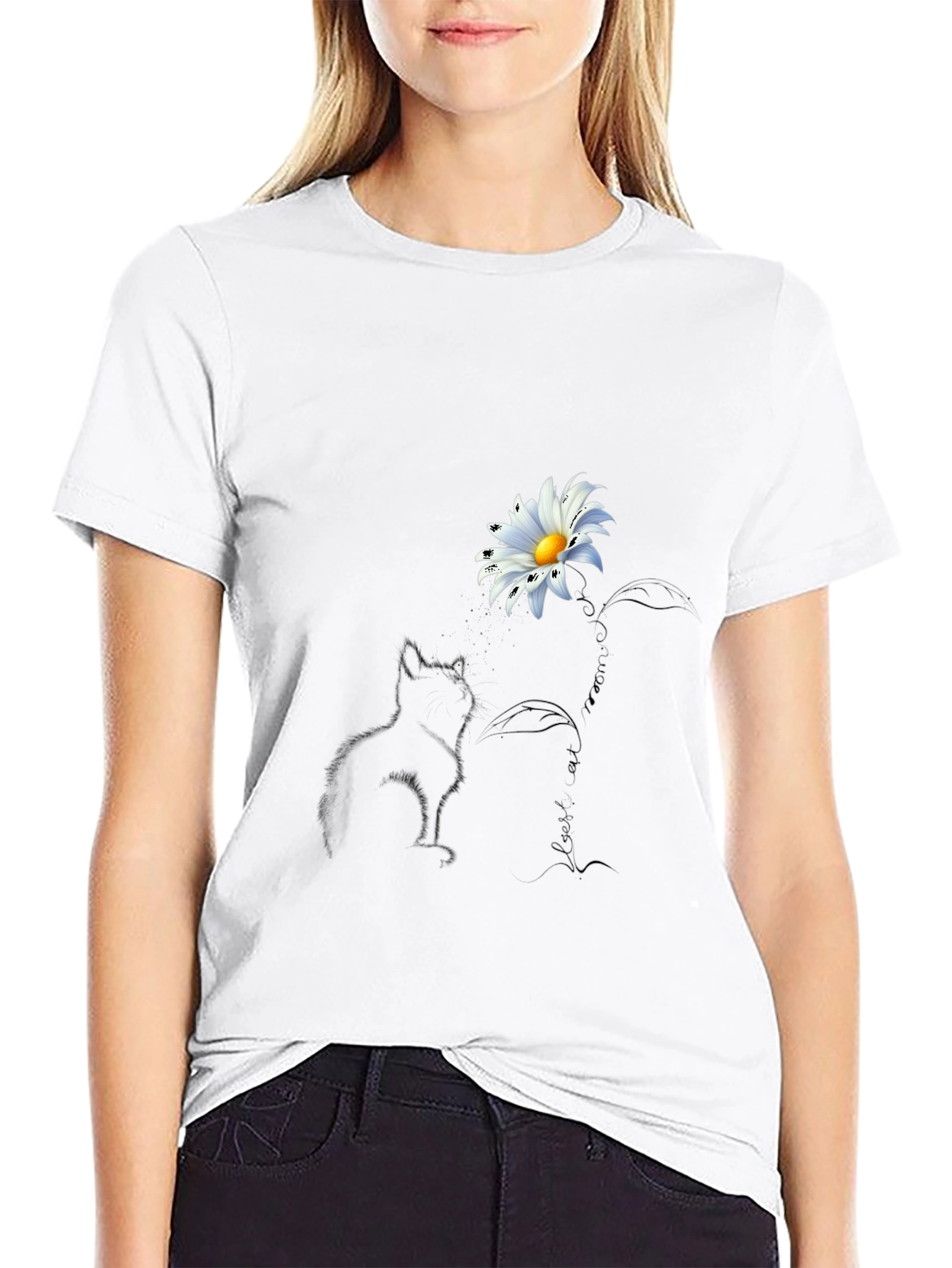 Black Black T-Shirt with Cat and Daisy Design view 9
