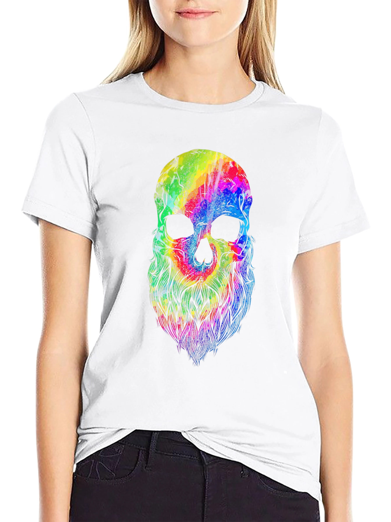Black Colorful Skull Beard Graphic T-Shirt view 9