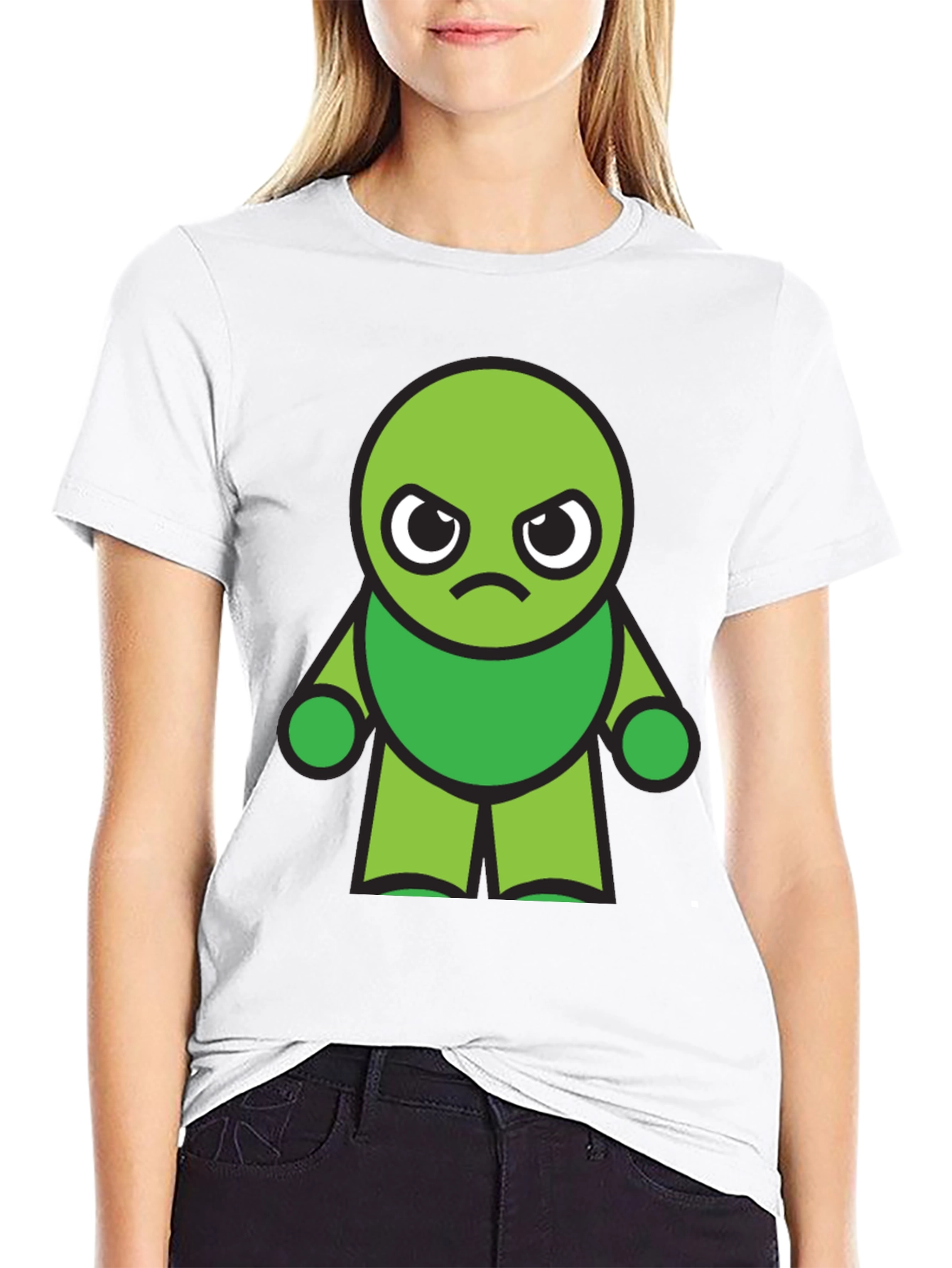 Black Grumpy Green Cartoon Character Black T-Shirt view 9