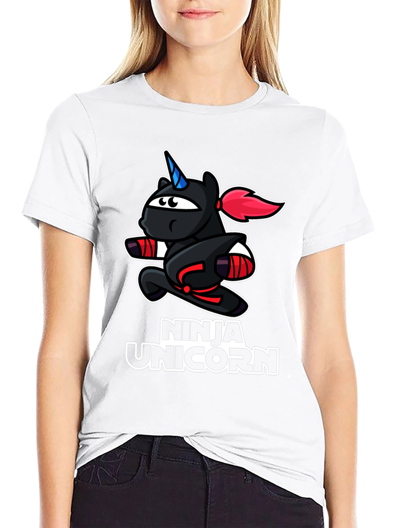 Black Ninja Unicorn Black T-Shirt - Cartoon Graphic Tee view 9