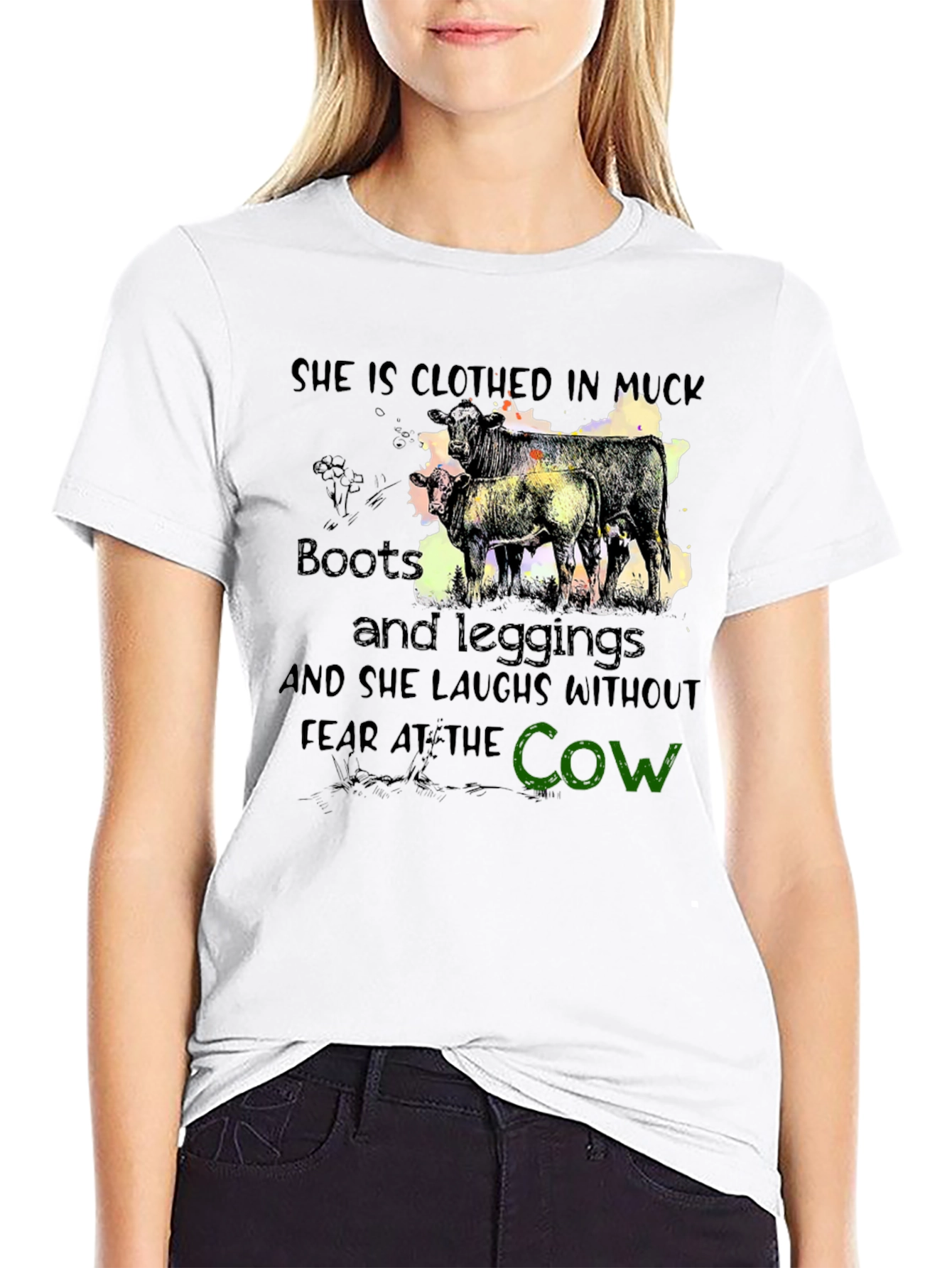 Black Muck Boots and Leggings Cow Graphic T-Shirt view 9