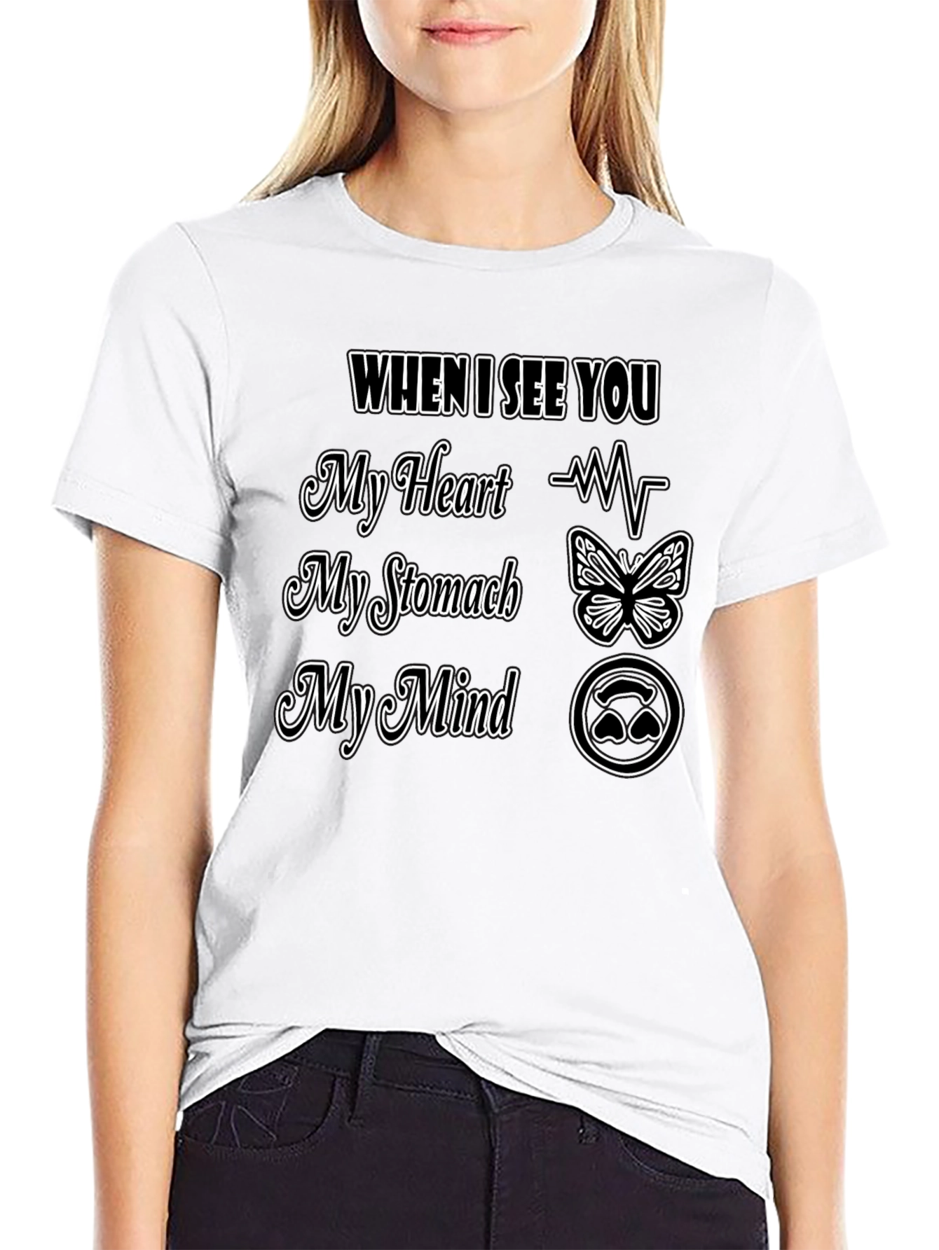 Black Romantic Love T-Shirt Heart Stomach Mind Design Tee view 9