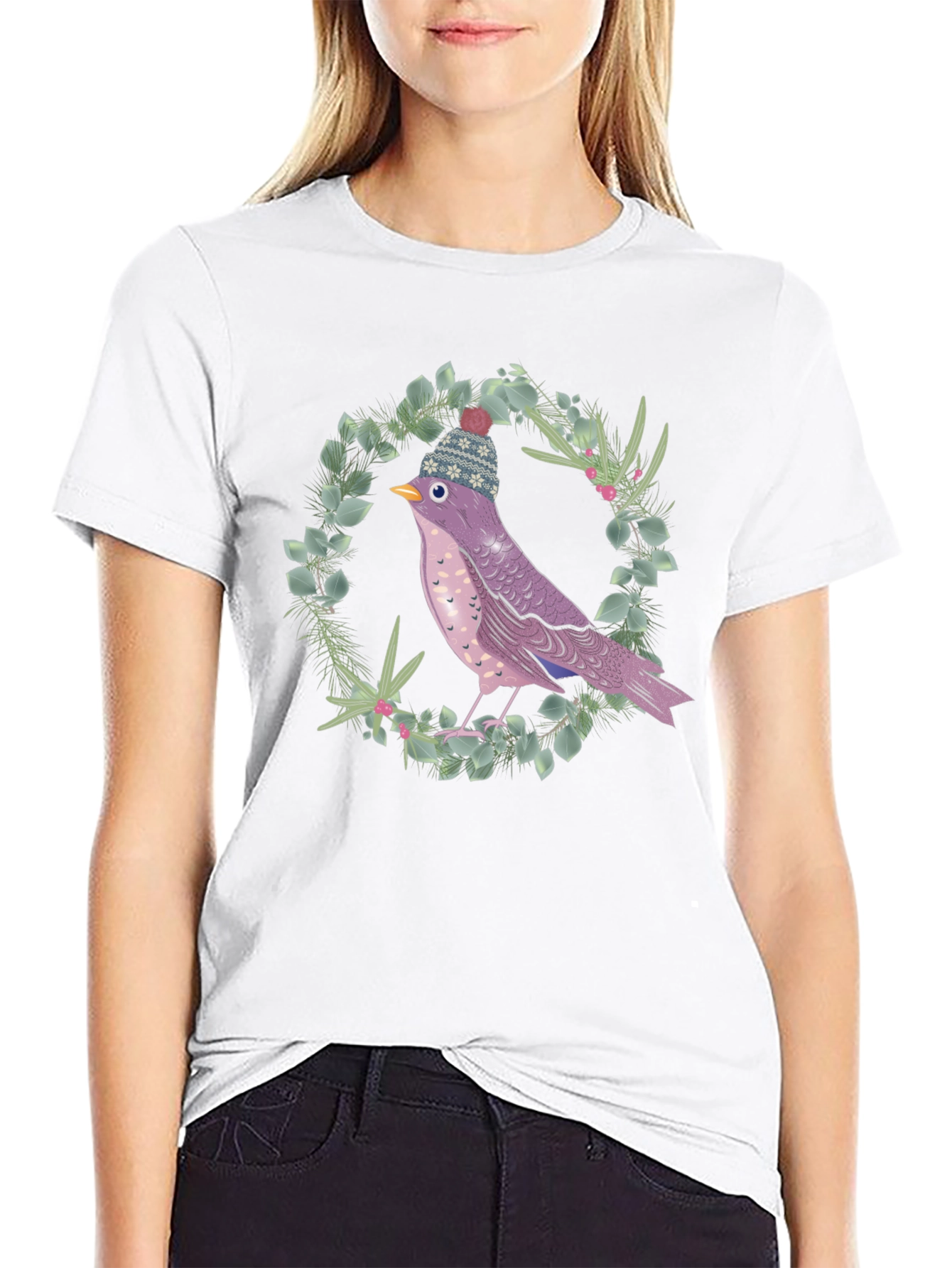 Black Whimsical Bird in Winter Hat T-Shirt view 9