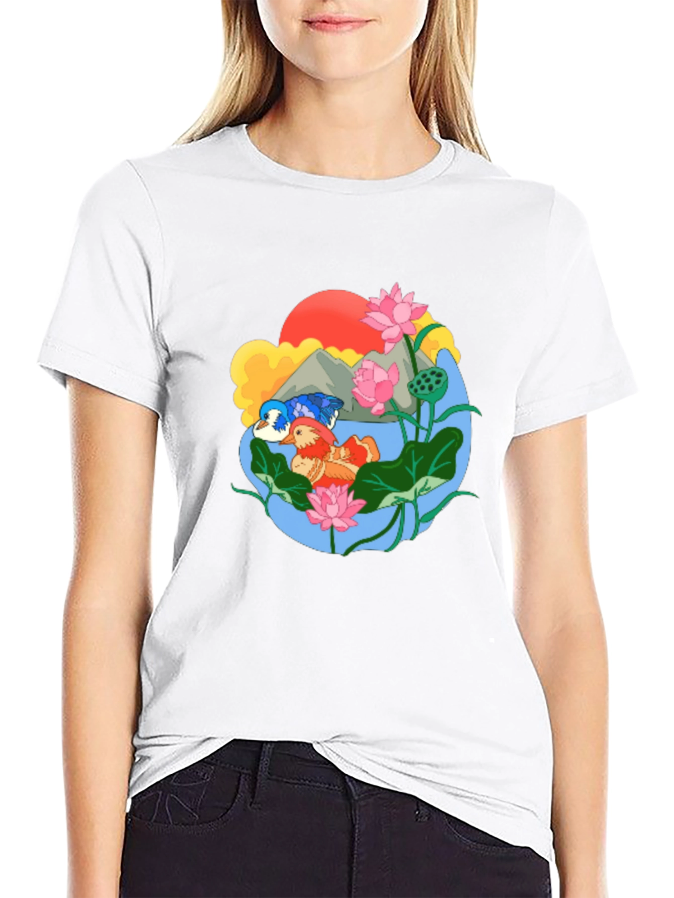 Black Mandarin Duck Lotus Pond Graphic Tee view 9