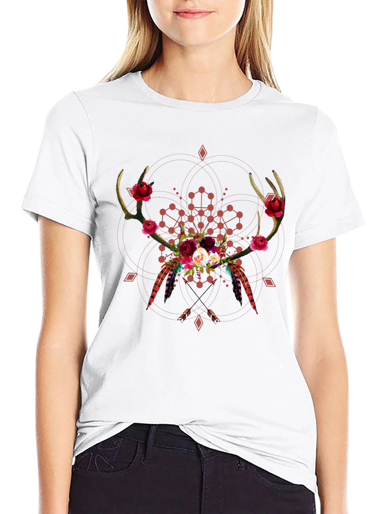 Black Boho Deer Antler Floral T-Shirt - Black view 9