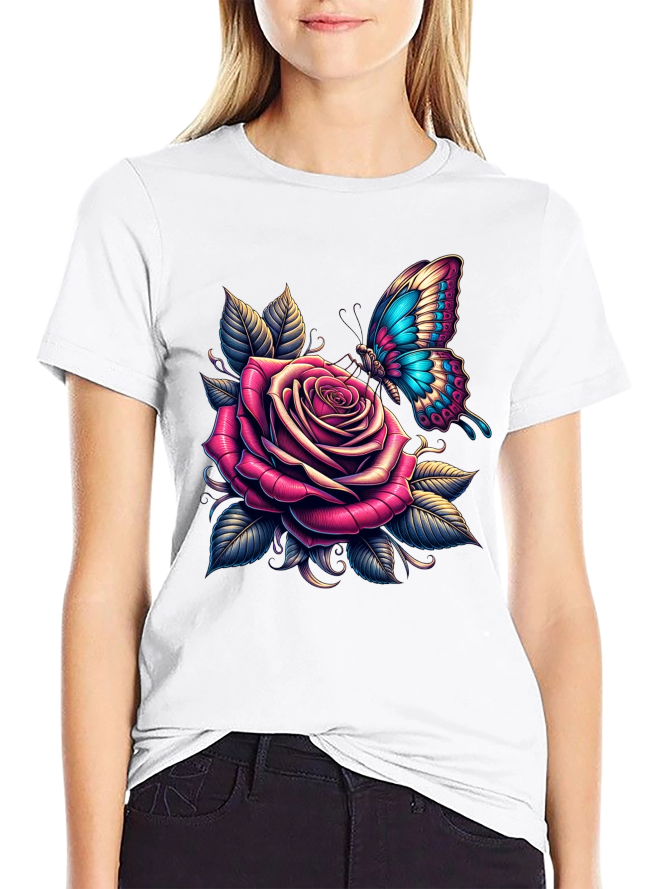 Black Rose & Butterfly Graphic Tee - Stylish Black T-Shirt view 9