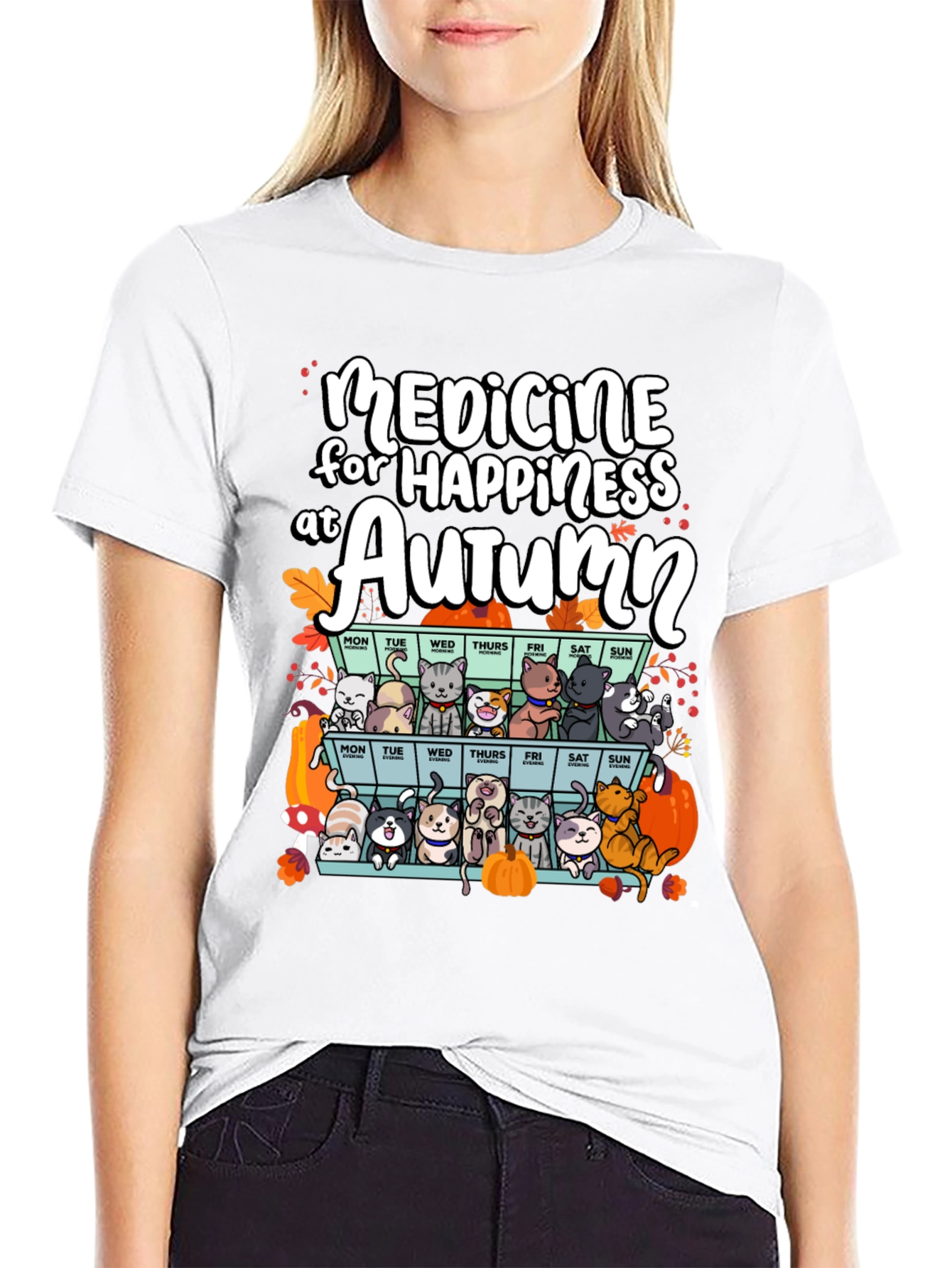 Black Autumn Cats Happiness Medicine T-Shirt view 9