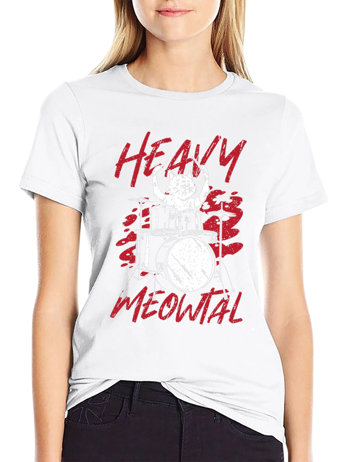 Black Heavy Meowtal Cat Drummer T-Shirt view 9