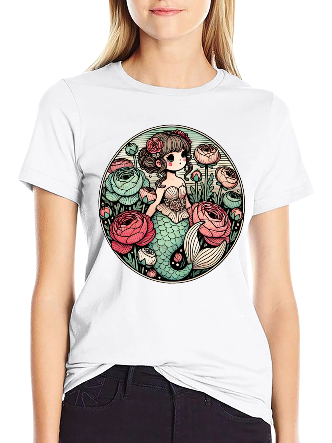 Black Mermaid & Flowers Graphic Tee - Black view 9