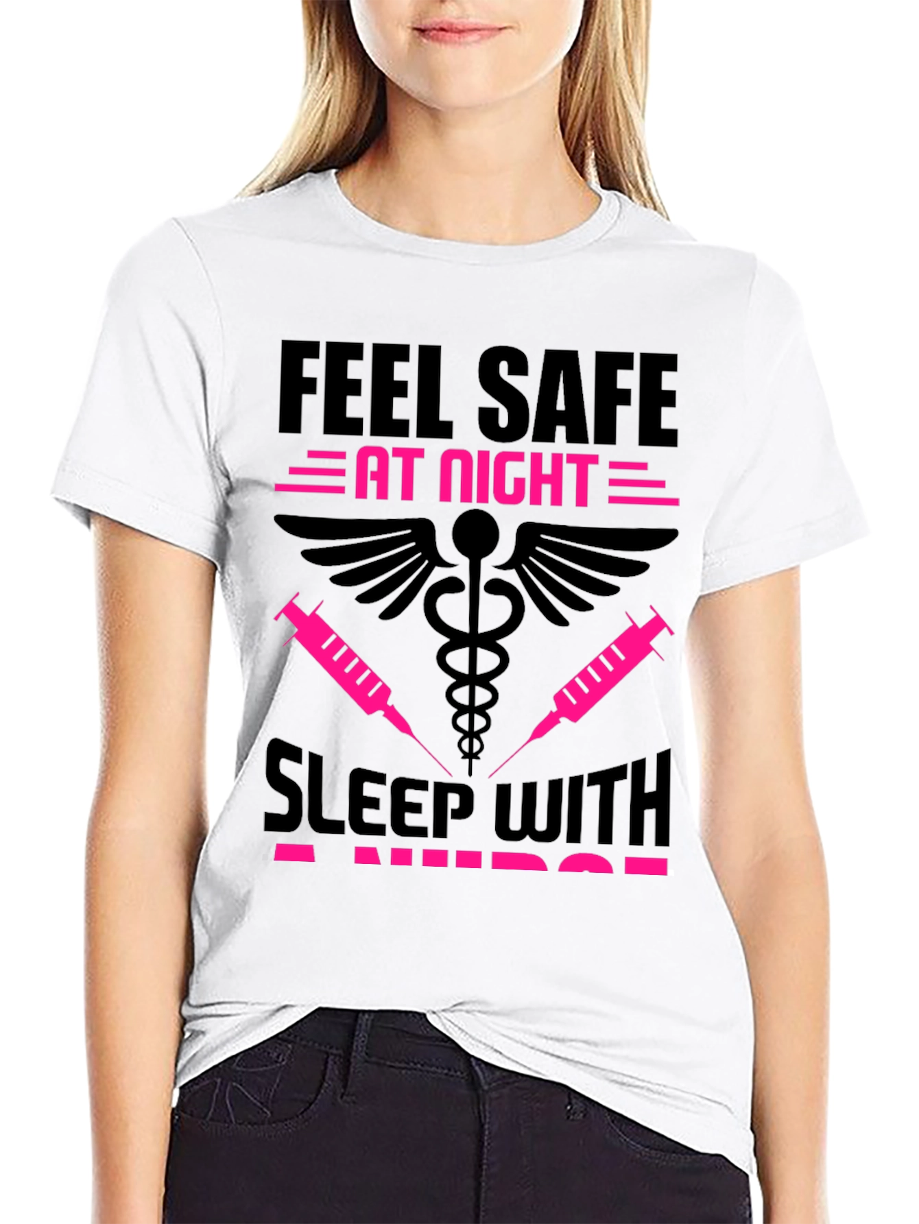 Black Feel Safe Sleep With A Nurse Black T-Shirt view 9