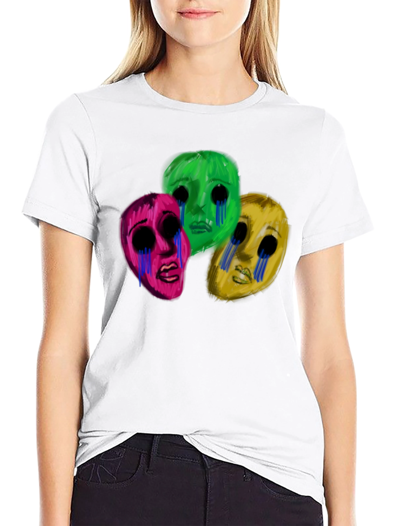 Black Men's Black T-Shirt with Three Crying Faces view 9