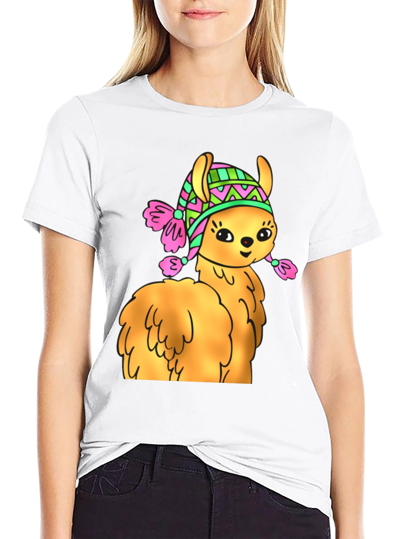 Black Cute Llama Wearing Hat T-Shirt view 9