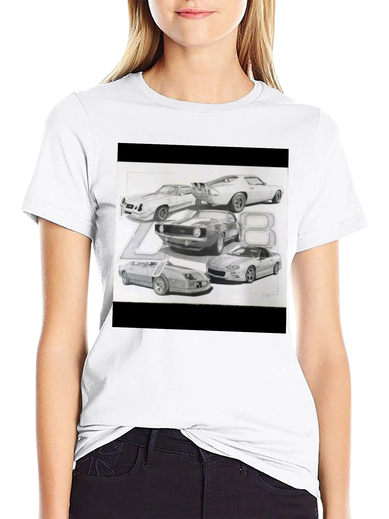 Black Classic Car Sketch Black Tee view 9