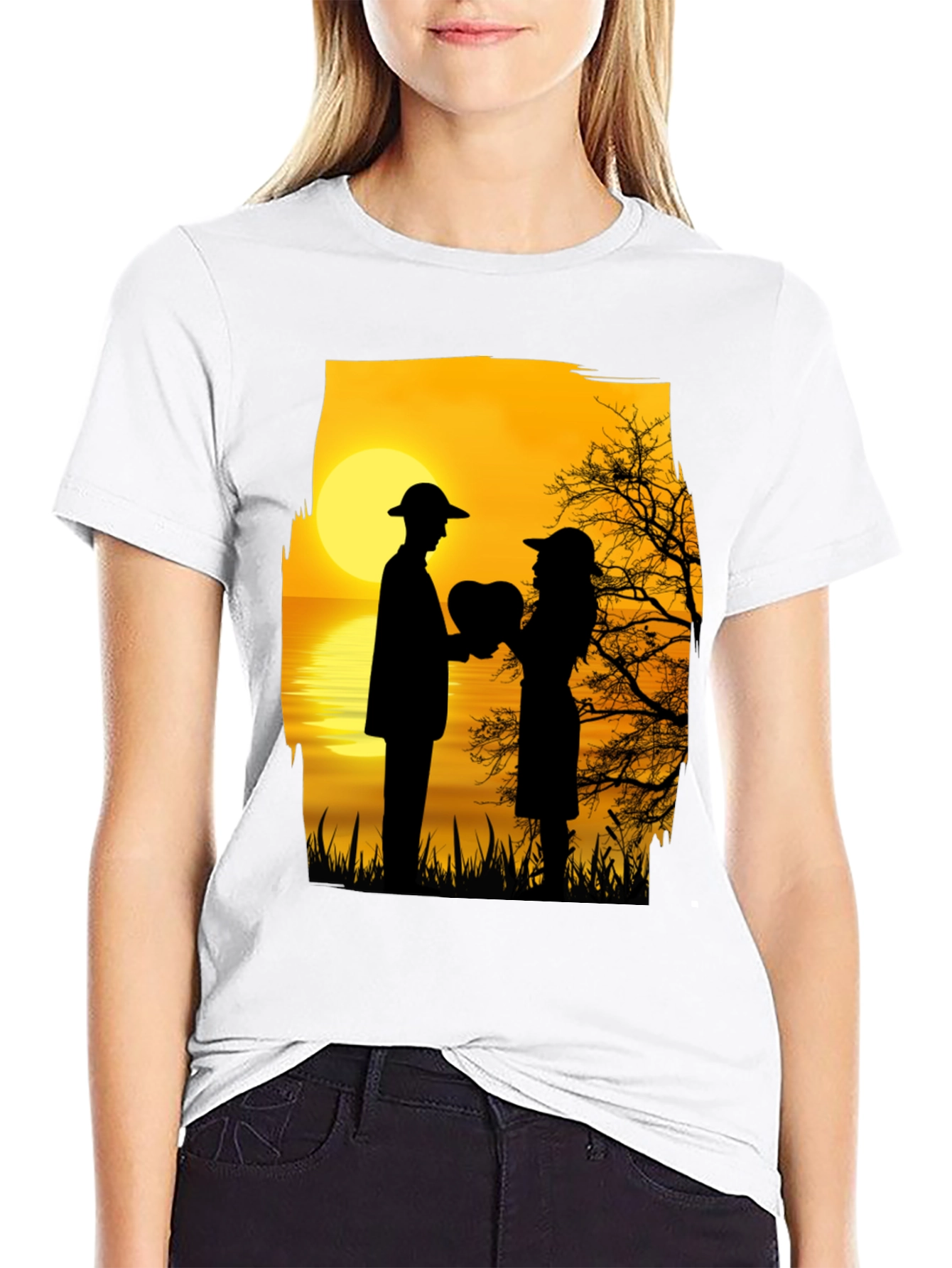 Black Romantic Sunset Silhouette T-Shirt view 9