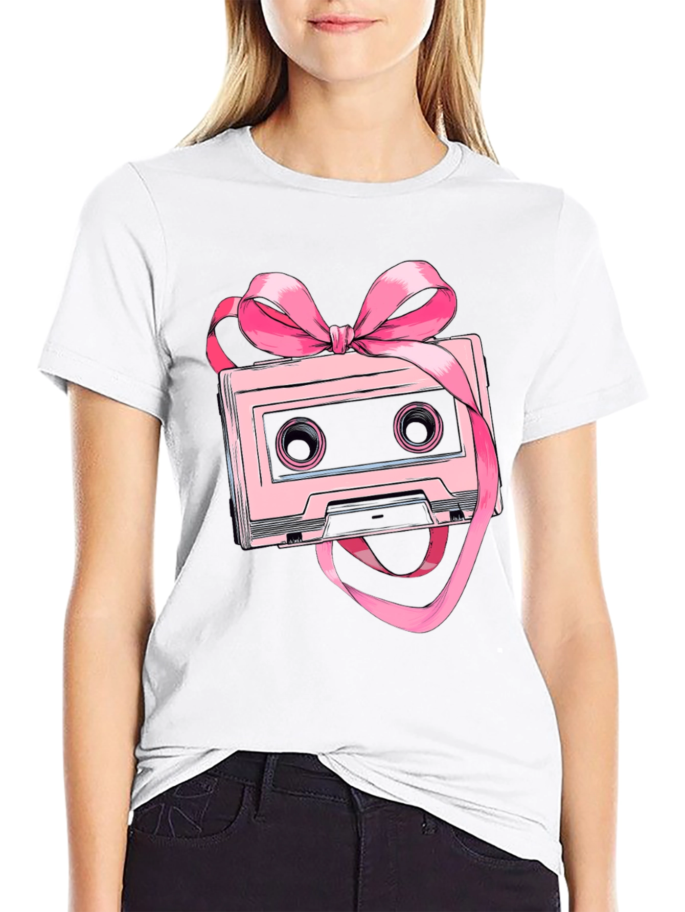 Black Retro Cassette Tape Pink Bow T-Shirt view 9