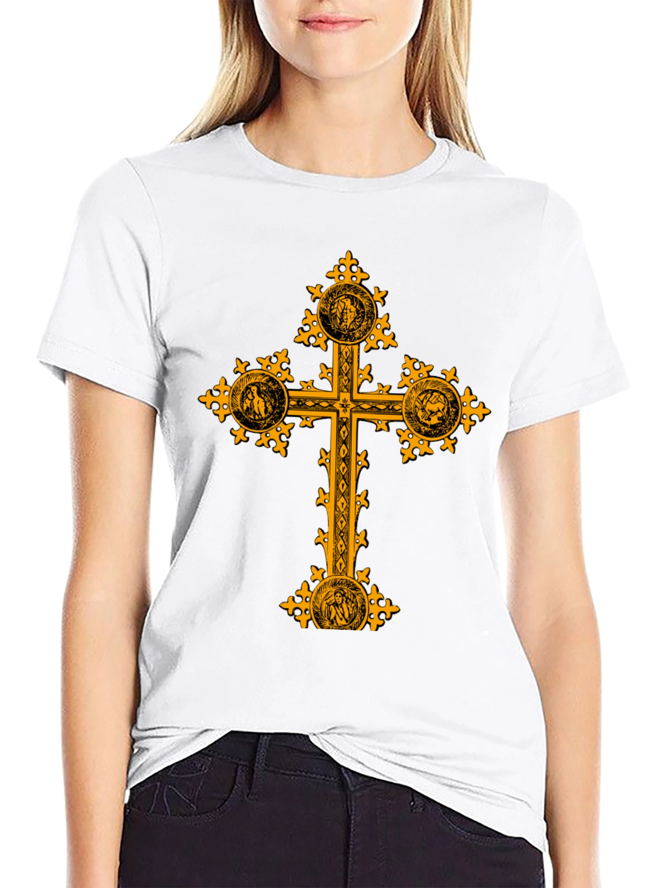 Black Ornate Gold Cross Graphic Print Black T-Shirt view 9