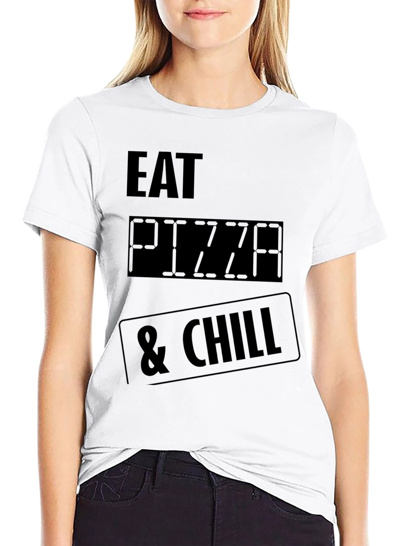 Black Eat Pizza & Chill Graphic Tee - Black Crew Neck T-Shirt view 9