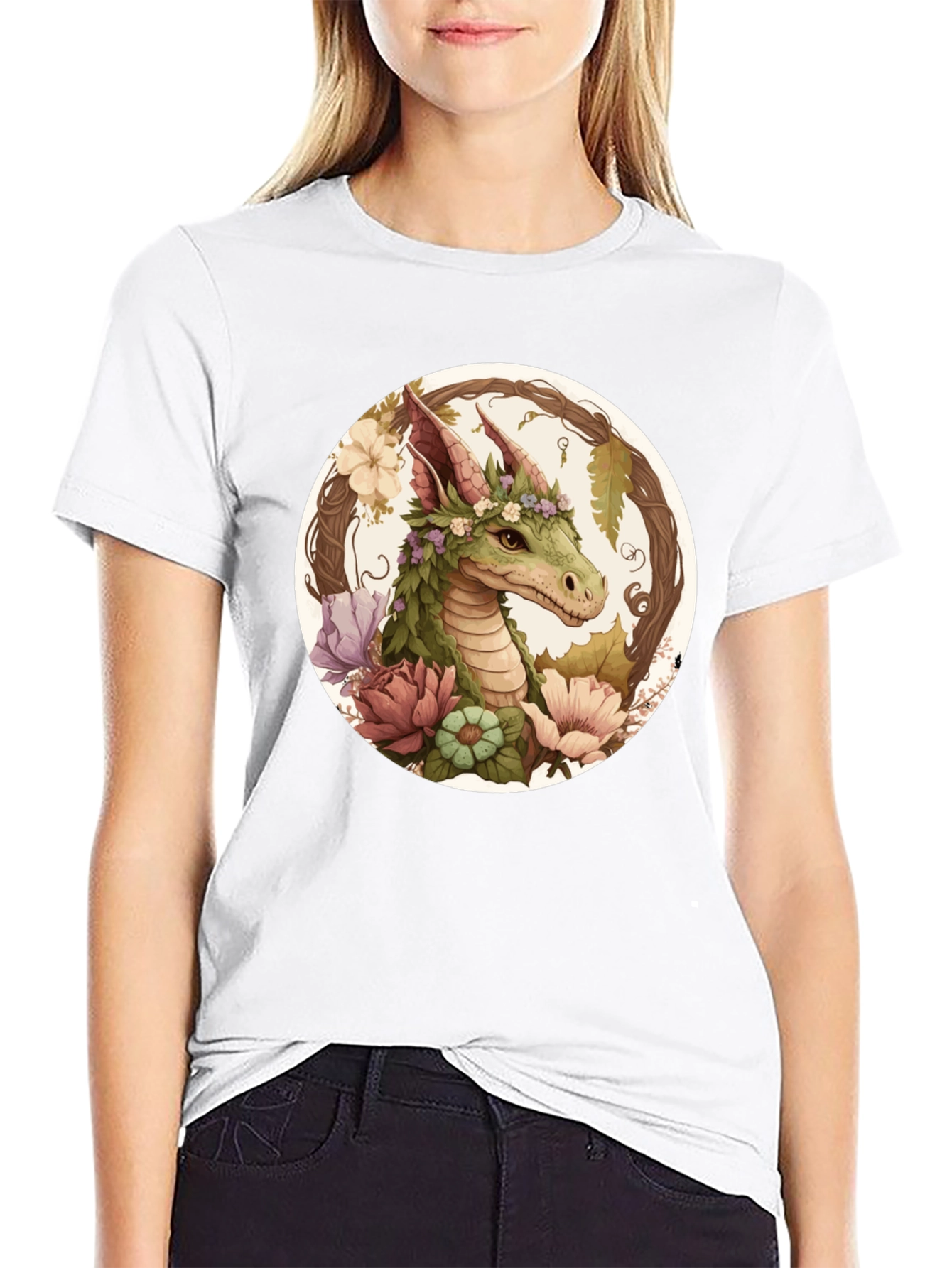 Black Floral Dragon T-Shirt - Unique Fantasy Tee view 9