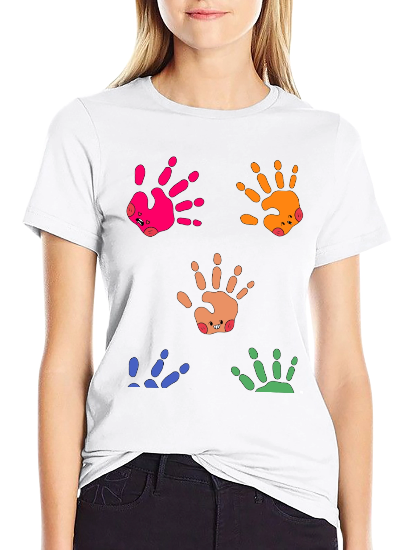 Black Colorful Handprint Graphic Tee - Whimsical Casual Wear view 9