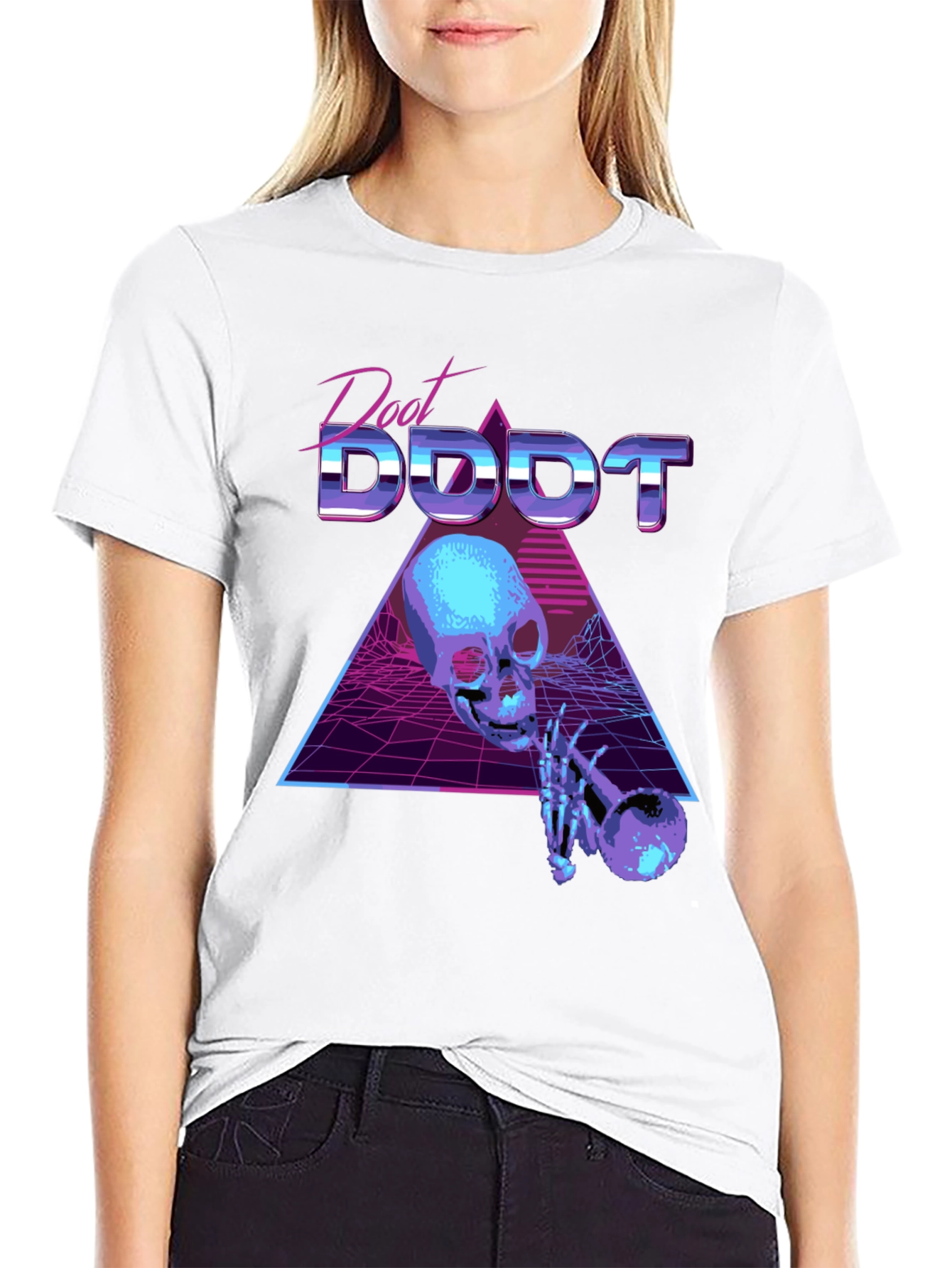 Black Synthwave Skeleton Trumpet Graphic Tee view 9
