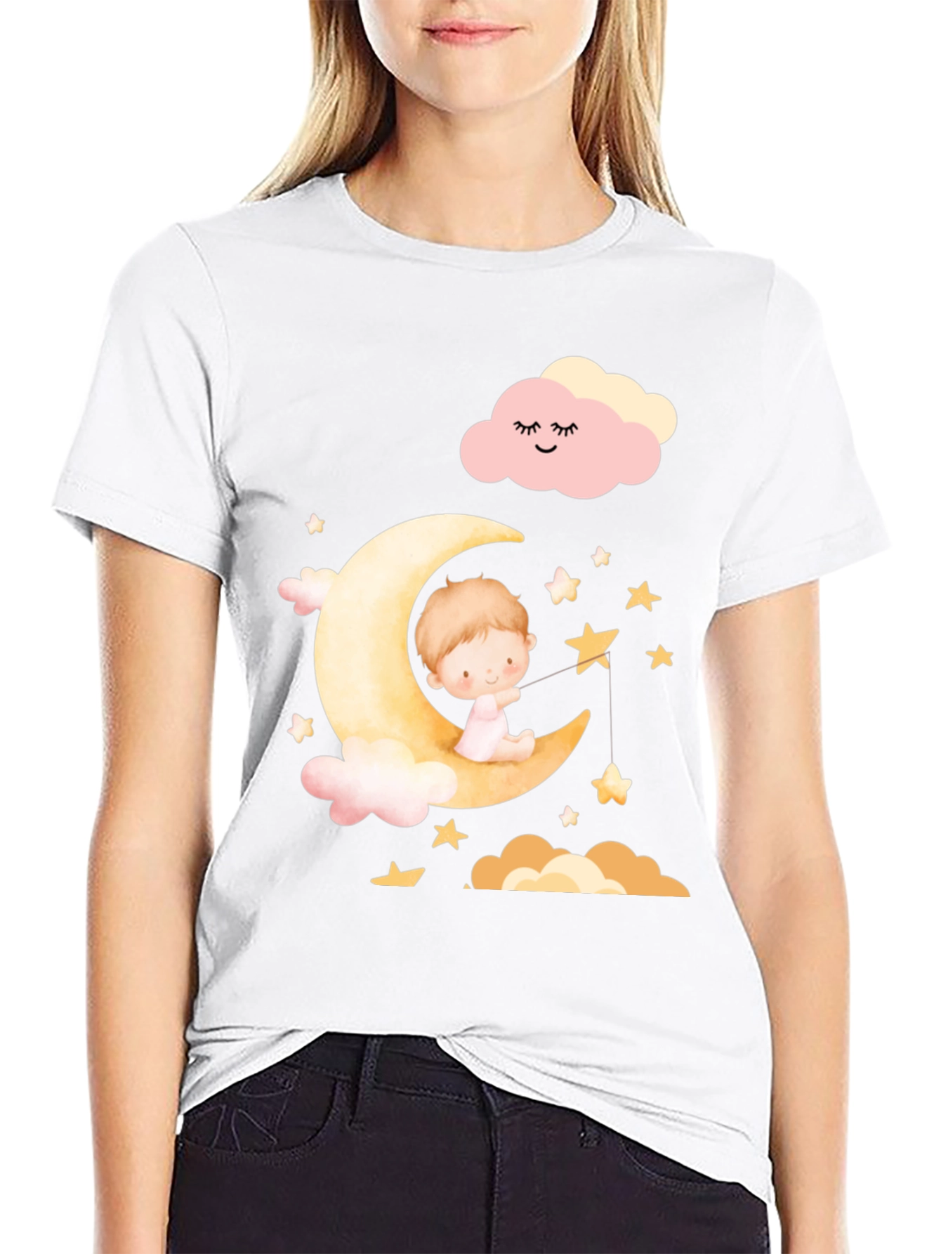 Black Cute Baby on Moon Graphic T-Shirt - Unisex view 9