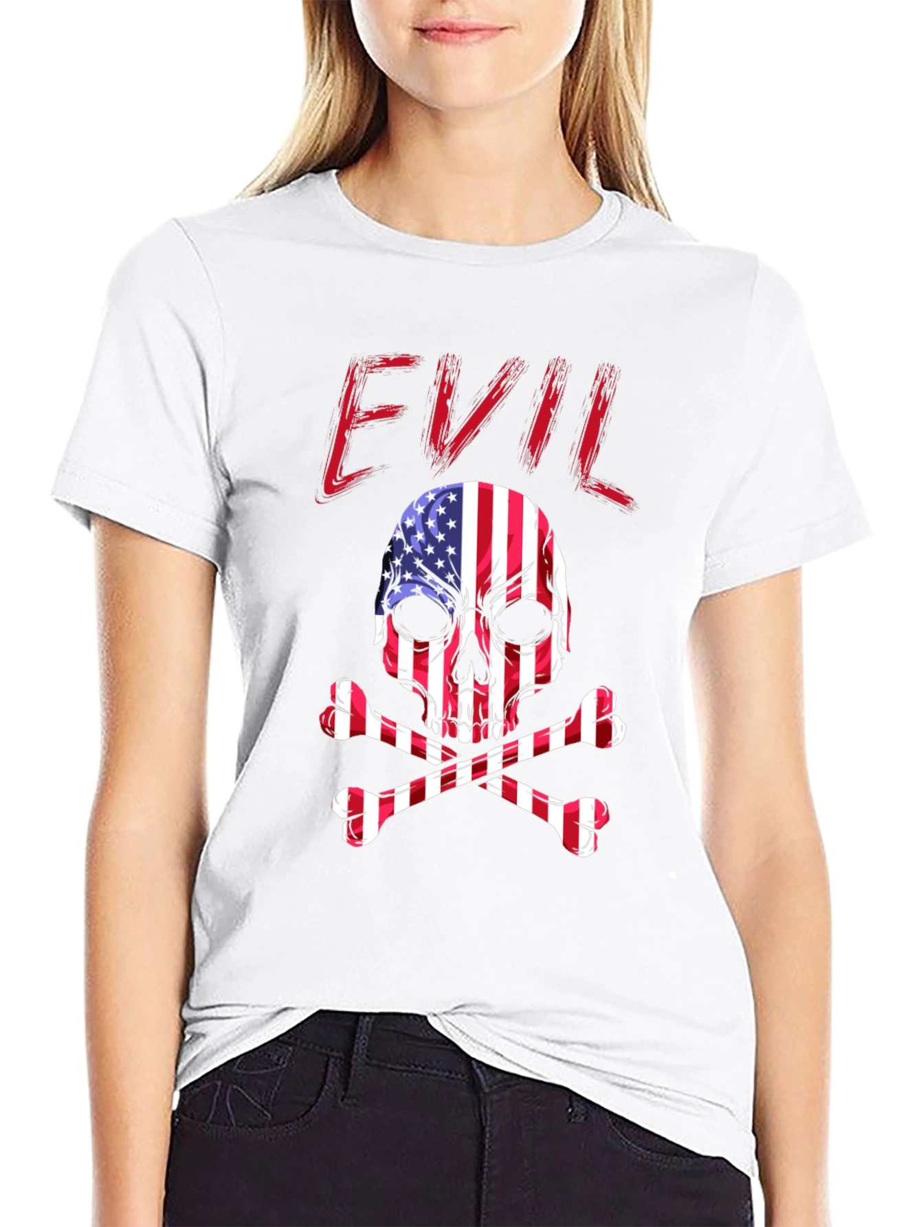 Black Evil USA Flag Skull Graphic T-Shirt view 9