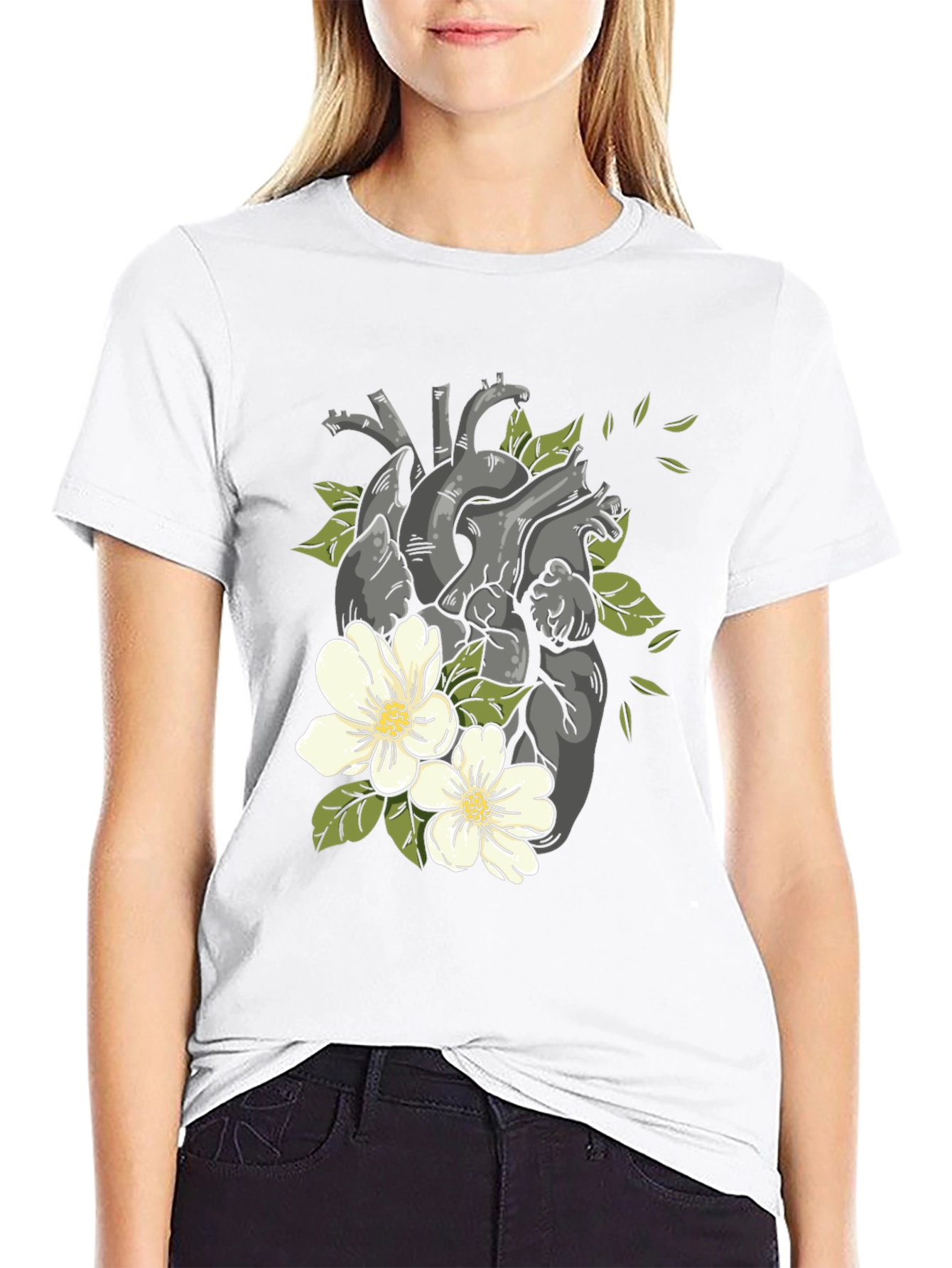 Black Floral Heart Print Black T-Shirt view 9