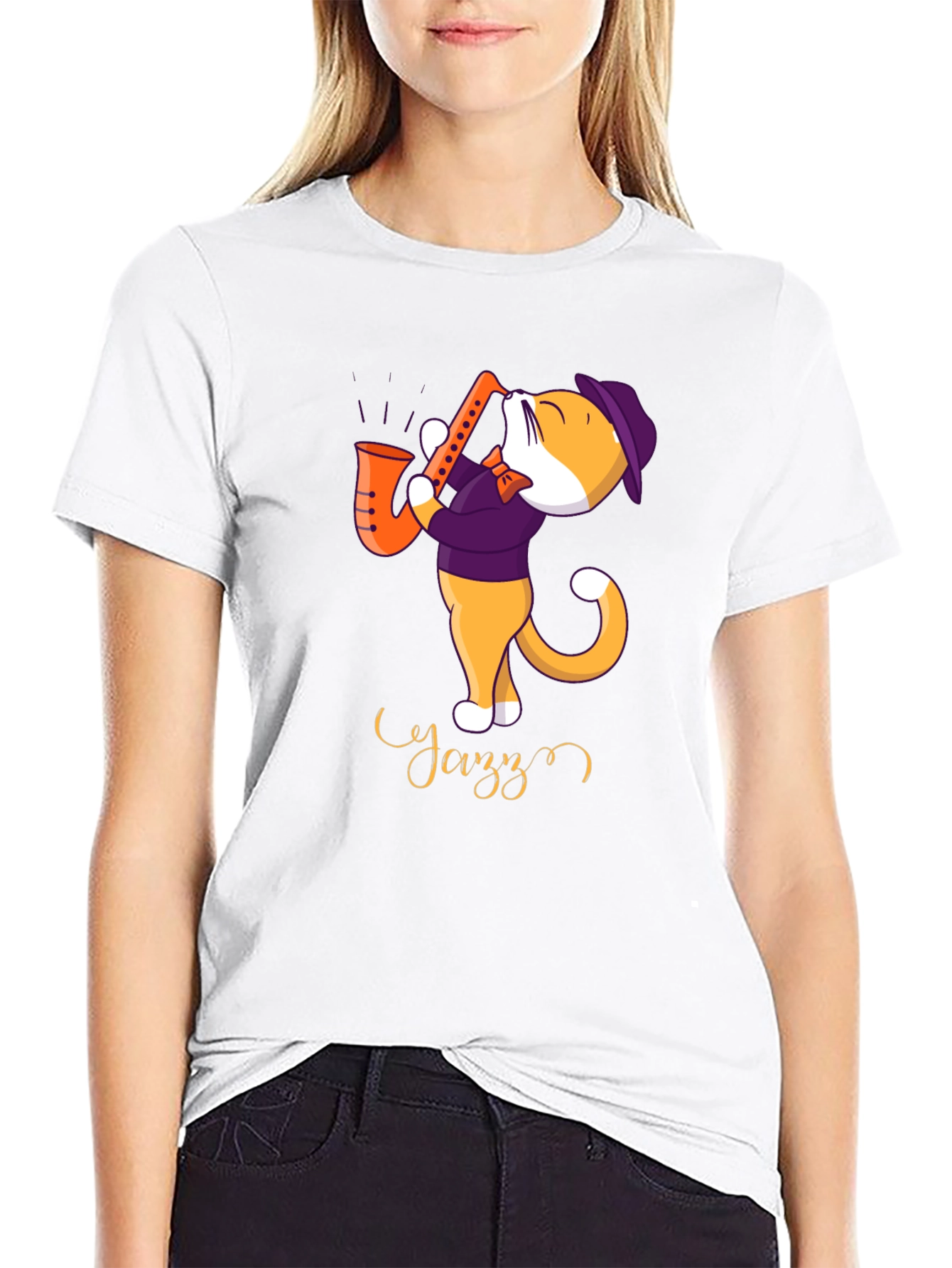 Black Jazz Cat T-Shirt - Cool Cat Playing Saxophone view 9