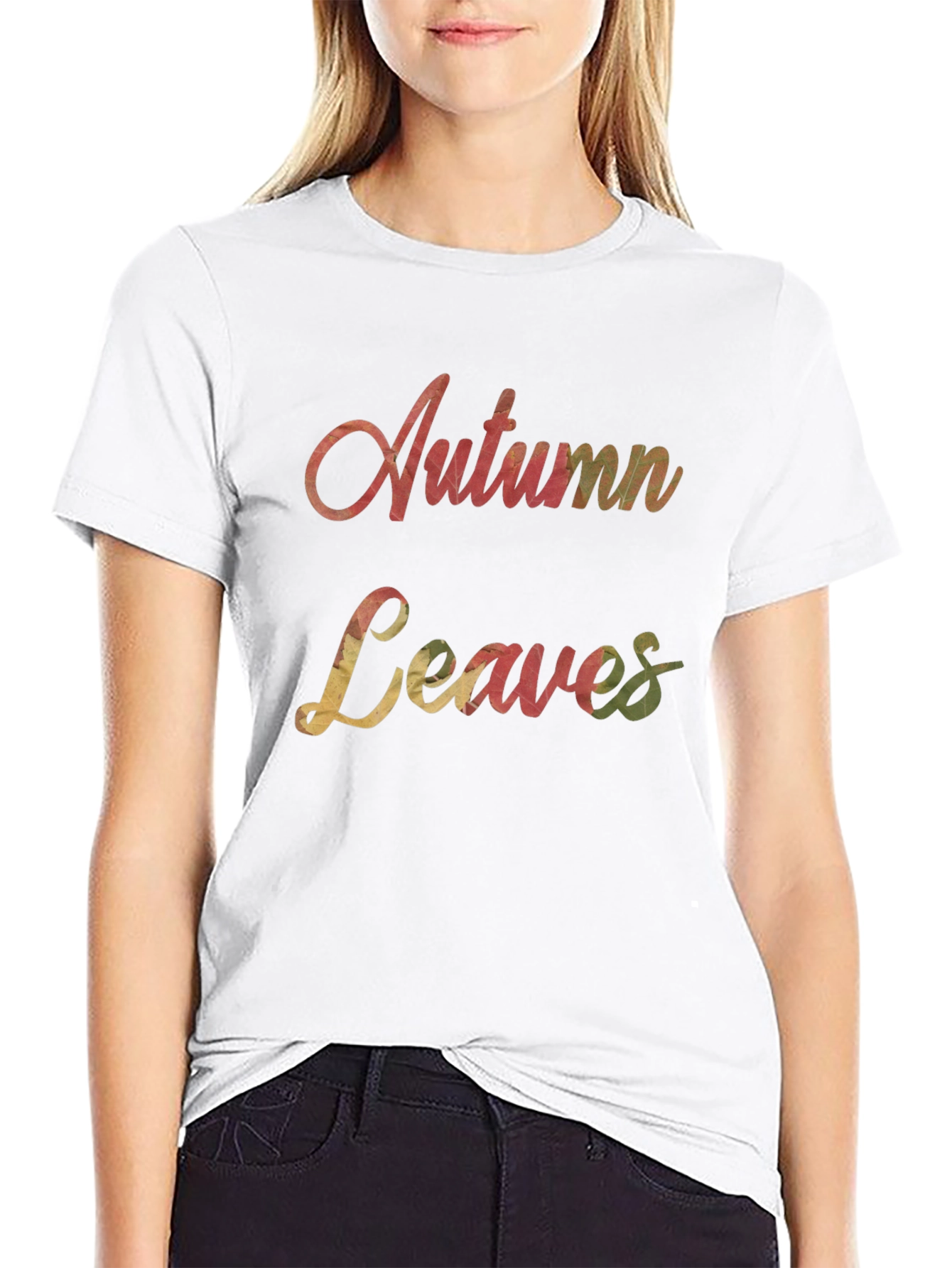 Black Autumn Leaves Graphic Print Crew Neck T-Shirt view 9